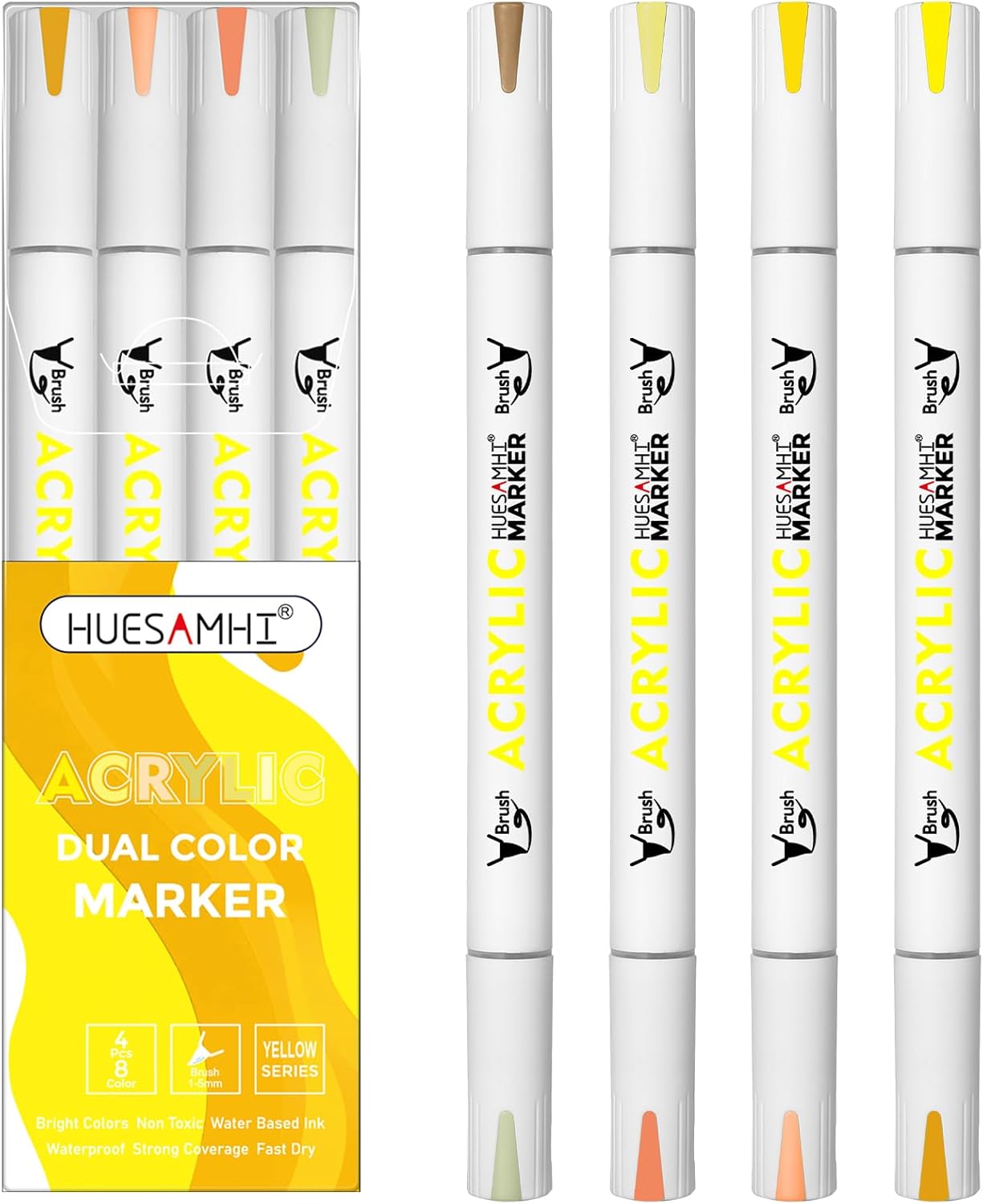 Dual Tip Brush Markers, 4 Pack Double Ended Acrylic Paint Pens - Permanent Water-Based for Rock Painting, Wood, Metal, Ceramic, Glass, Crafts & Kids Art Assorted Colors