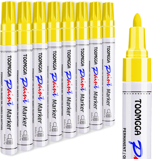 Yellow Permanent Paint Pens Paint Markers - 8 Pack Oil Based Markers, Quick Drying and Waterproof Marker Pen, Car Tire, Metal, Rock Painting, Wood, Ceramic, Plastic, Canvas, Mugs, Medium Tip