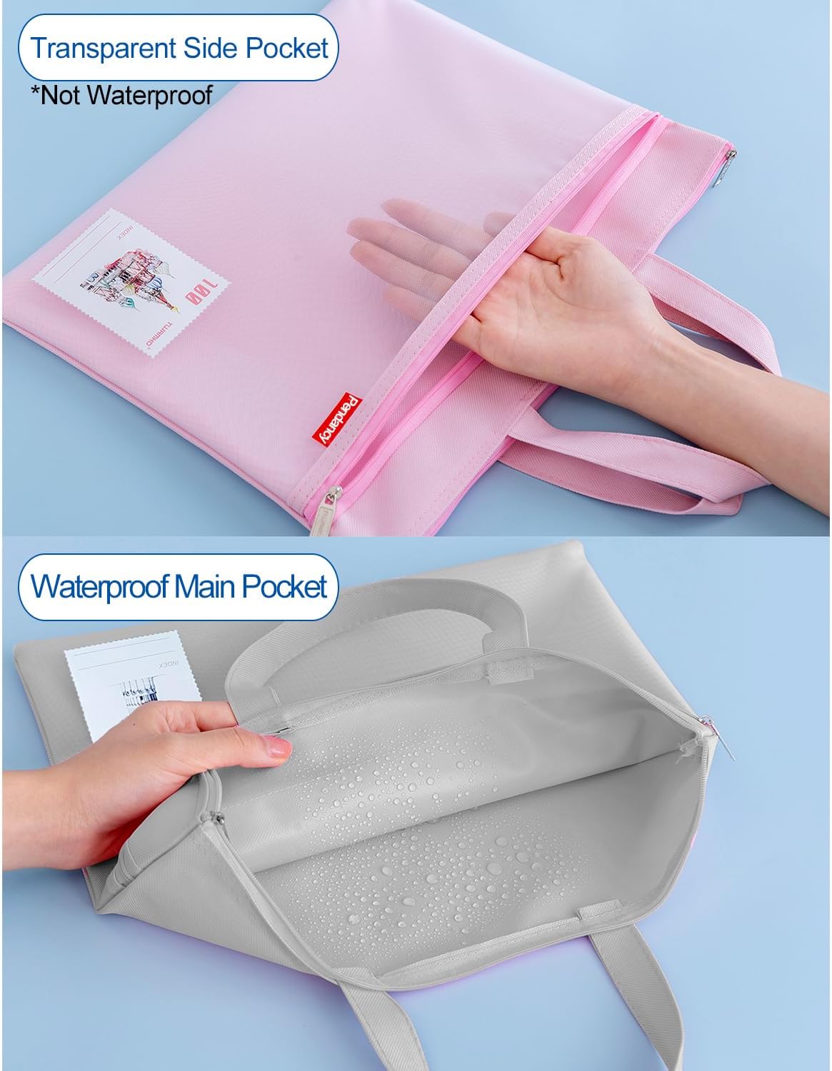 Pendancy Mesh Zipper Pouch 11x13.7 in, Large Double Pocket Waterproof File Bag with Handle, A4 Size Foldable Document Storage for Puzzle Project/Cross Stitch/Travel/Office（Gray）