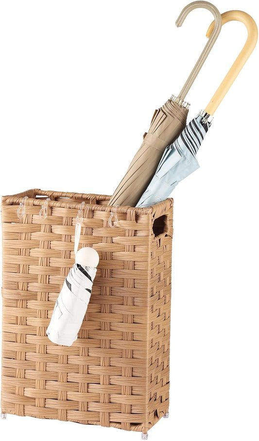 Rattan Umbrella Stand, Umbrella Holder for Entryway, Hand Woven Umbrella Rack Organizer Freestanding, with a Detachable Drip Tray, 4 Hooks, 11.8" L x 5.5" W x 16.5" H