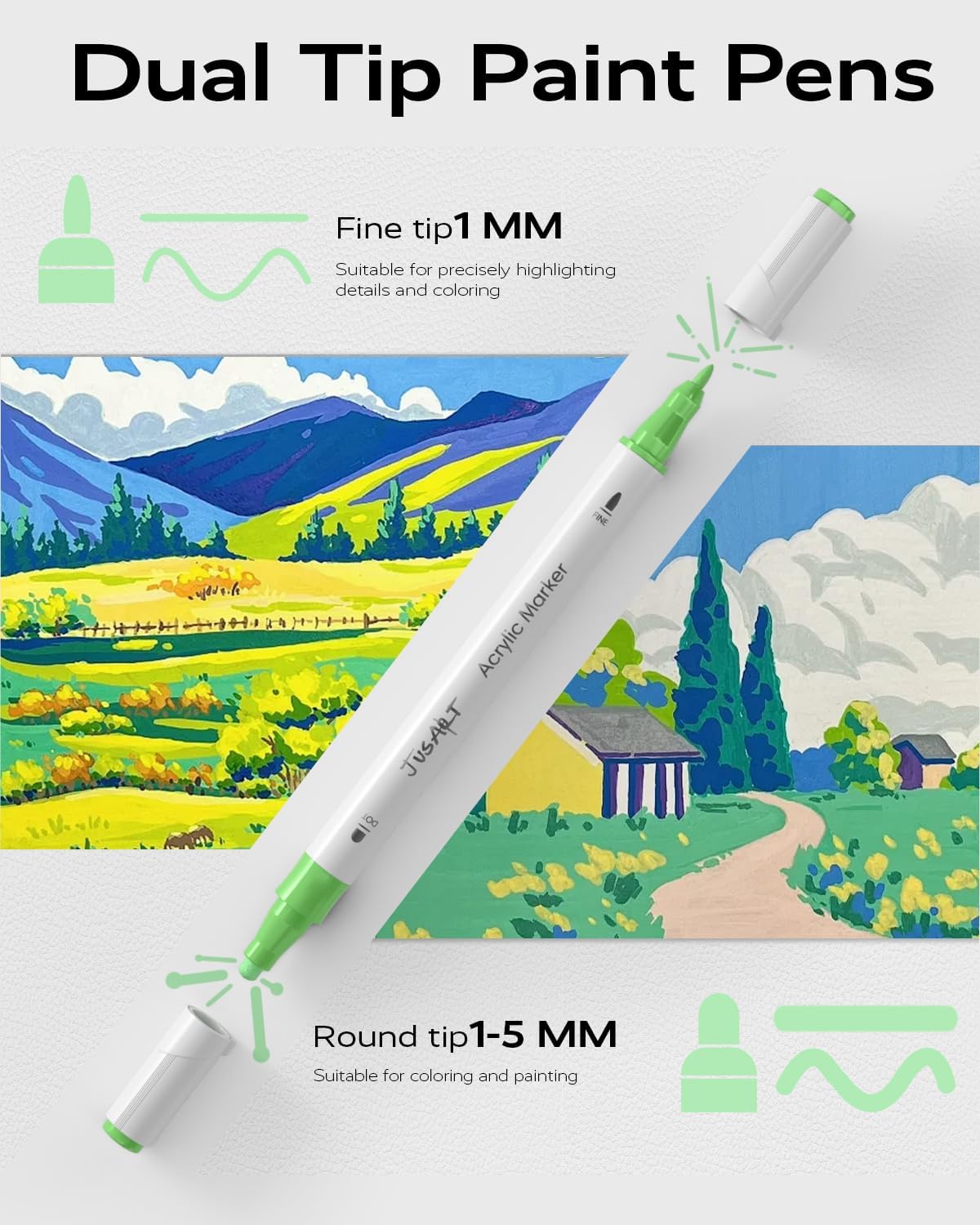 JusArt 24 Colors Dual Tip Acrylic Paint Markers with Dot and Fine Tip, No-Bleed Paint Pens and Waterproof Markers for Rock, Wood, Glass, Ceramic - Vibrant Art Supplies for Kids, Beginners & Artists