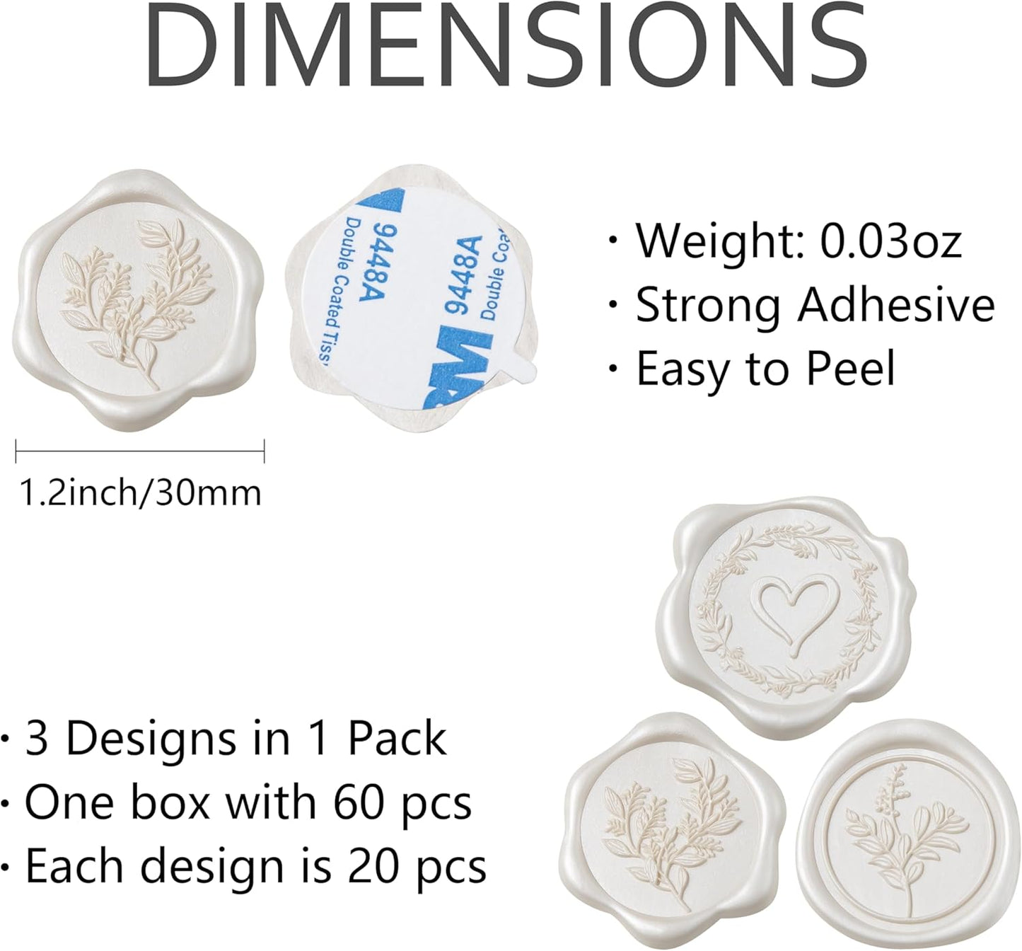 60 Pcs Ivory Wax Seal Stickers Self-Adhesive Envelope Seals Stamp Stickers, Perfect for Wedding Invitations Seating Chart Christmas Gift Wrapping 3 Designs in 1 Pack