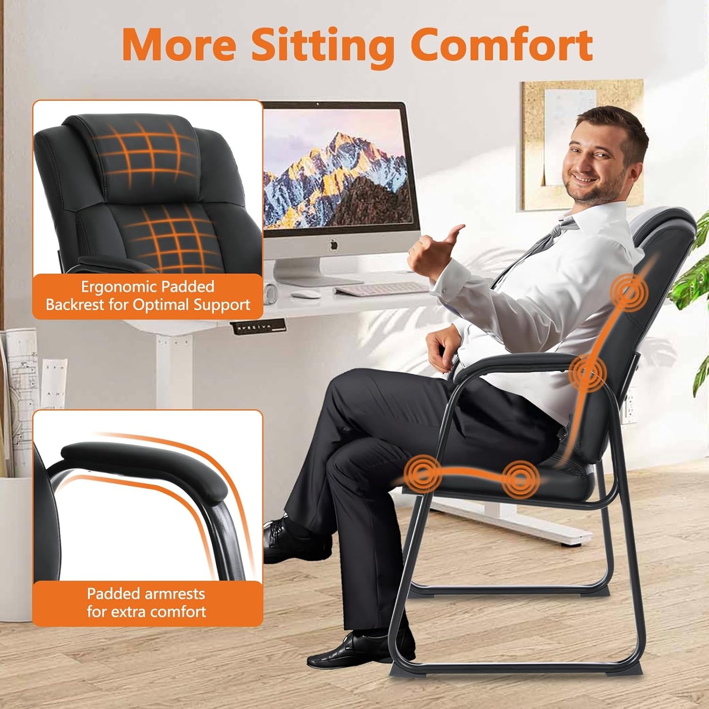 CLATINA Big & Tall 500 lb. Guest Chair, Leather Reception Chairs with Sled Base and Padded Arm Rest for Waiting Room Office Home and Meeting Conference-Black (8 Pack)