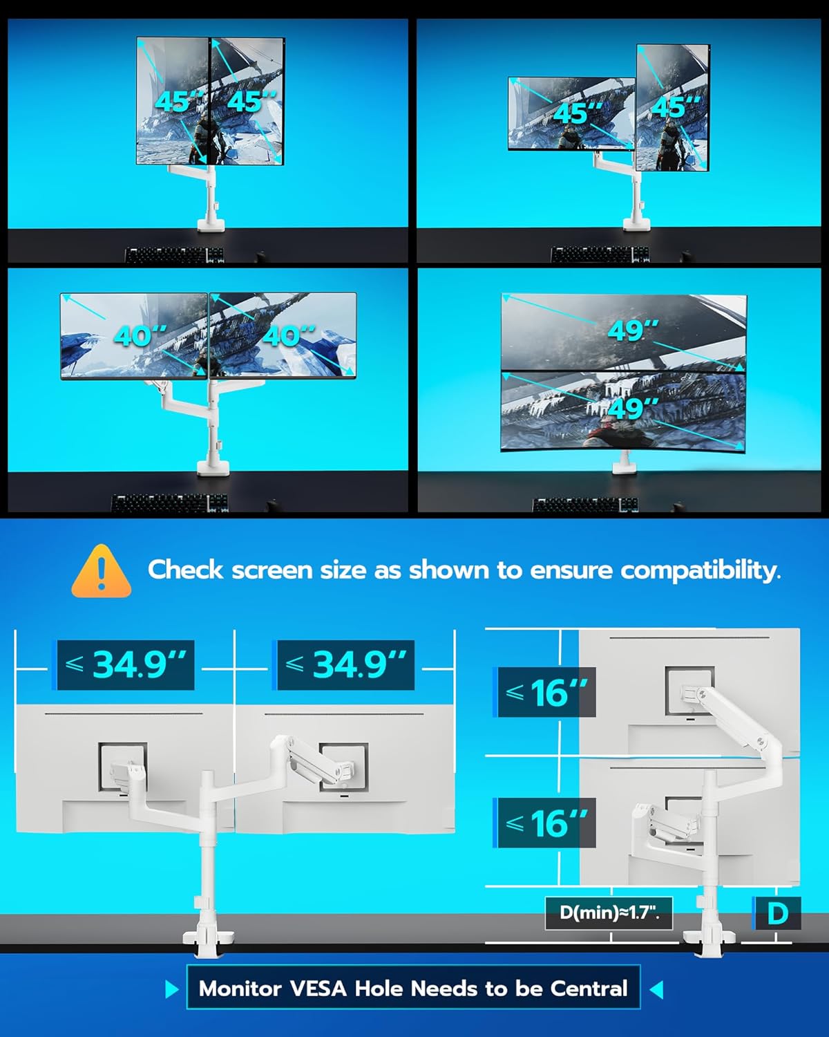 ARES WING Dual Monitor Stand for Ultrawide Heavy Duty Curved Monitor Stacking, Fits 17-49 Inch, Vertical Gas Spring Double Monitor Mount with USB, Adjustable Dual Monitor Mount for Desk, White