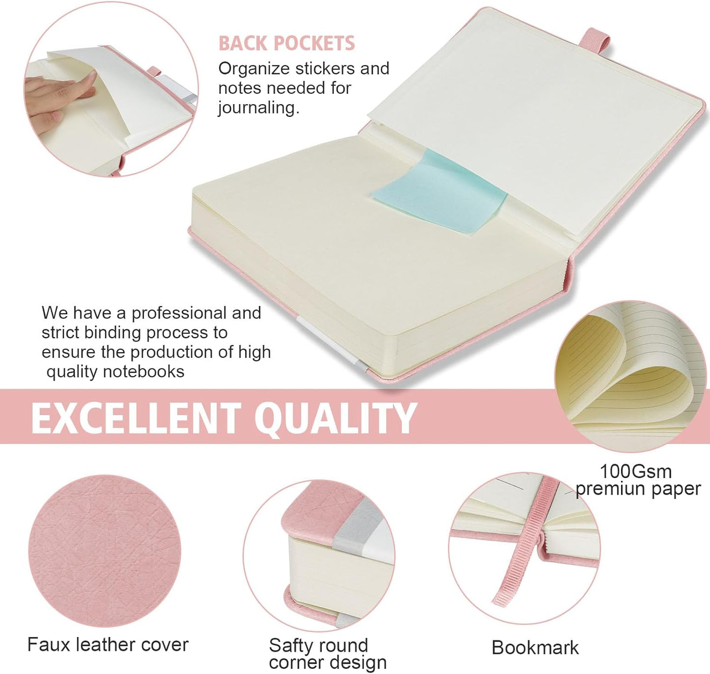 Lined Journal Notebook, 360 Numbered Pages(With page number), Thick Journal for Writing A5 College Ruled Notebook, 100gsm Lined Paper, Leather Hardcover, 5.75'' X 8.38''-Pink