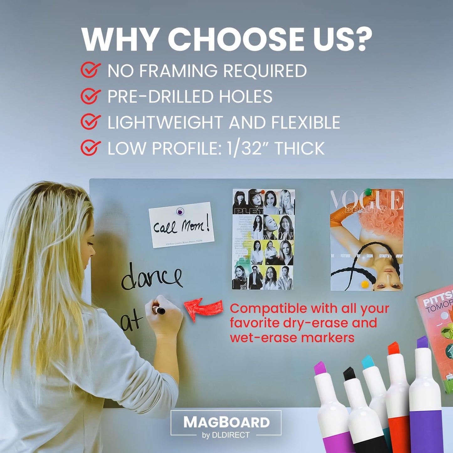 Diamond Life Magnetic Board - Memo & Vision Board for Home, Office, and Classroom - Magnet Board for Kids - Pre-drilled Mounting Screws Included (White 24"x72")