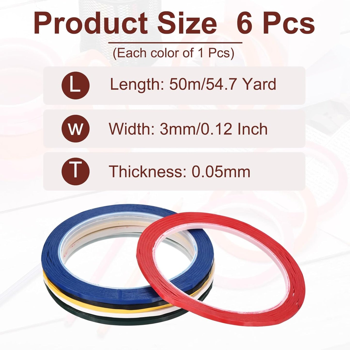 MECCANIXITY 6 Rolls Whiteboard Tape Graphic Chart Tape 3mm 54.7 Yard Art Tape Thin Pinstripe Tape Masking Tape for Gift Wrapping Craft Supplies, Red, Green, Blue, Yellow, Black, White