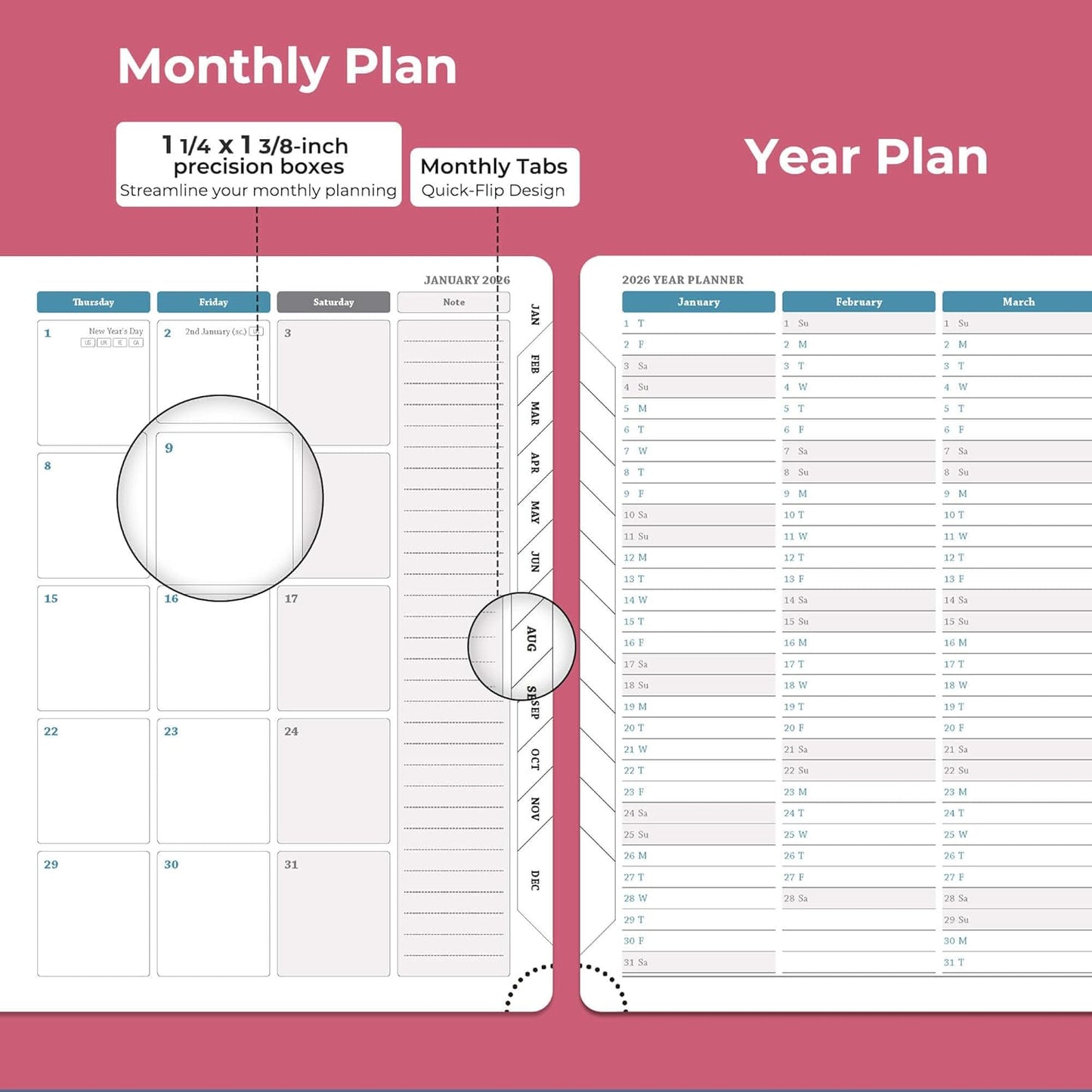 Planner 2026 Daily Weekly and Monthly,8.5"x6.5",12 Months Spiral Bound Calendar Agenda with Self-adhesive Pen Holder,2026 Appointment Book with Vegan Leather Soft Cover,Rose Red