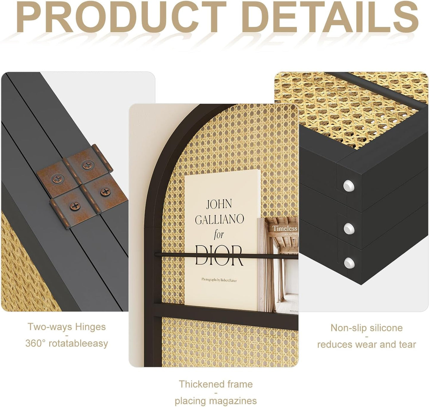 Rattan Room Divider with Built-in Bookshelf | Foldable Privacy Screen & Portable Partition for Home Office, Bedroom, Reading Nook | Wooden Frame, Freestanding Design (Black-Rattan)