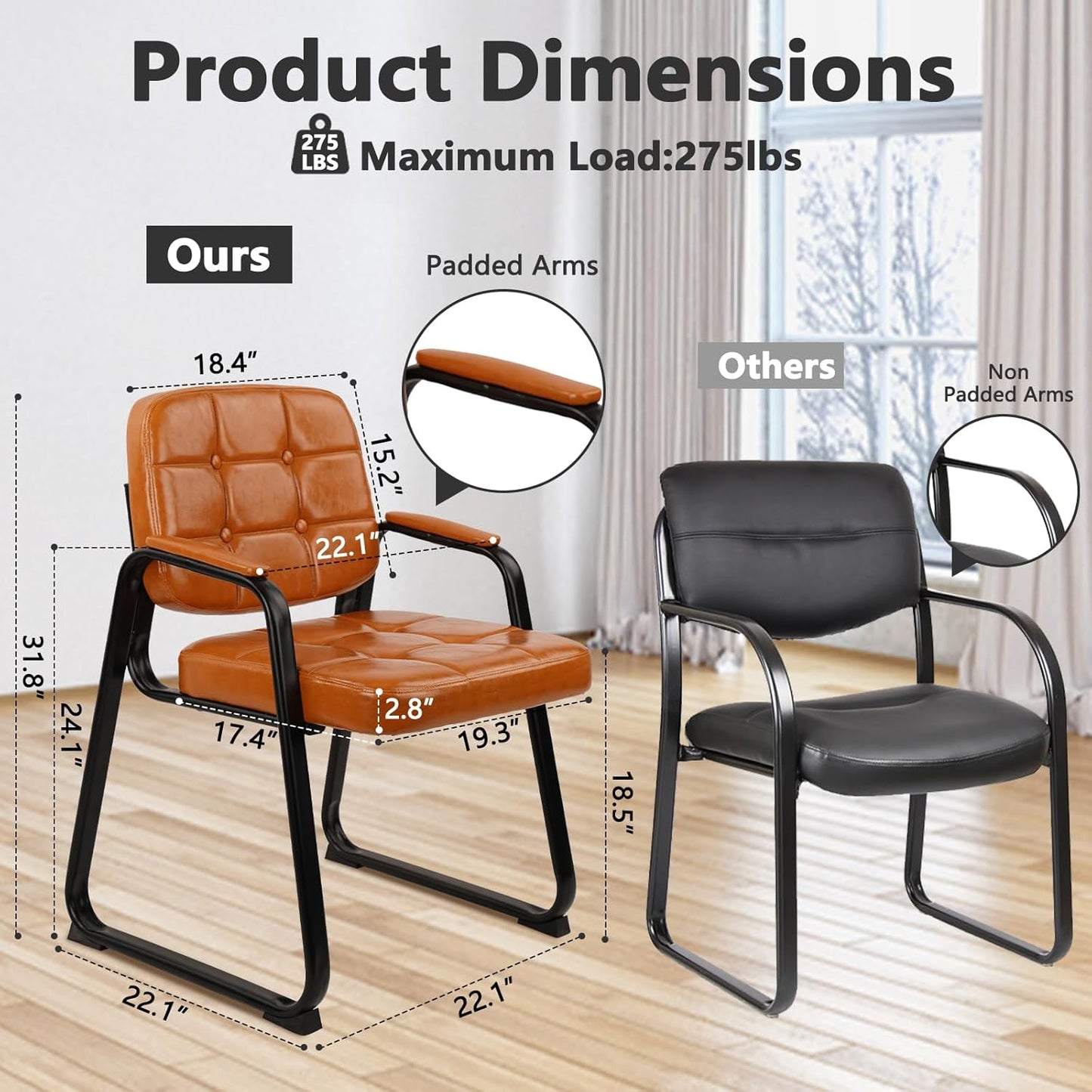CLATINA Office Guest Chair, Leather Reception Chairs with Padded Arms, Desk Chair No Wheels Stationary for Conference Lobby Waiting Room Training Side Elderly, Set of 2-Orange