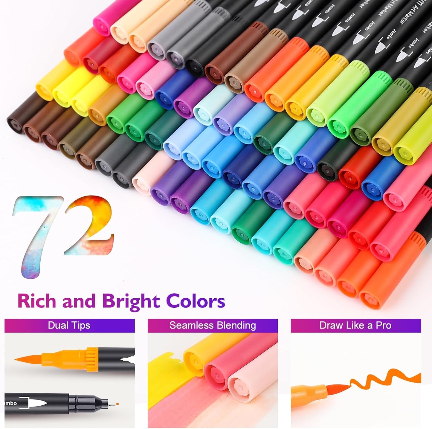 iBayam Art Markers Set, 72 Colors Dual Tip Brush Pens for Adult Coloring Book, Note-Taking, Calligraphy, Journaling, Sketching & Lettering, with Gift Case for Kids Adult Teens School Art Supplies