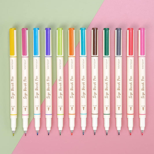 WRITECH Brush Tip Marker Pens: Artist Markers Flexible Tip Water Based 12ct Assorted Colors for Journaling Adult Coloring Hand Lettering Calligraphy Drawing Vibrant Colored
