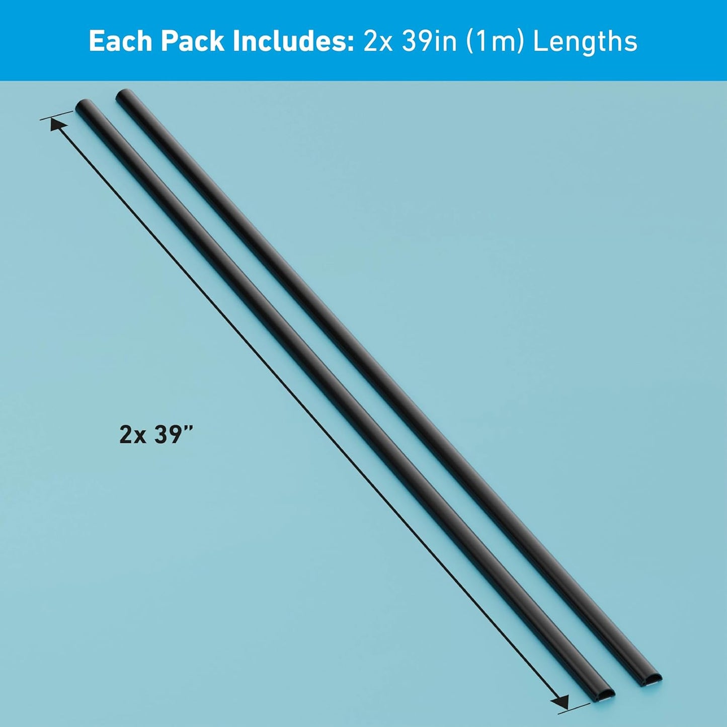 D-Line Half Round Cord Hider, Patented Cable Cover, Hide TV Wall Mount Wires, Raceway for Cords, Decorative Wire Covers, Paintable, Adhesive Cable Concealer, 2X 0.78in W x 0.39in H x 39in L, Black