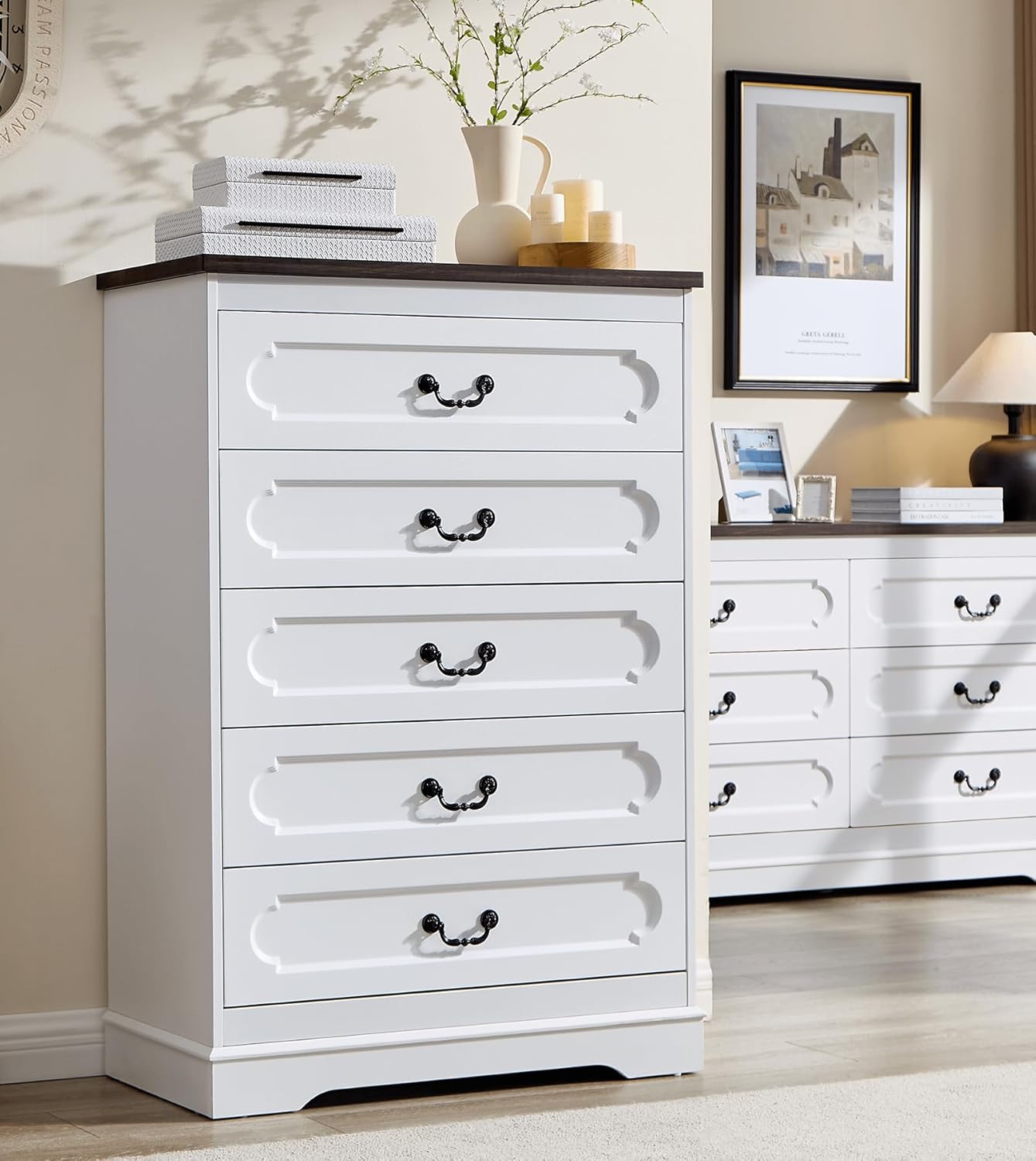 LIDYUK 5 Drawer Dresser for Bedroom Farmhouse White Wood Chest of Drawers for Bedroom Dresser, Rustic 46" Tall Wide Drawers Dressers Wooden Closet Storage Cabinet, Hallway, Living Room