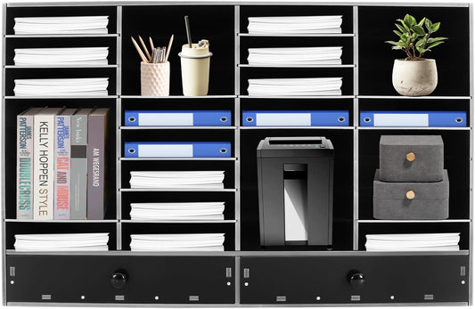 Adjustable Literature Organizer, 32 Slots File Folder Organizer Storage Rack Desktop Letter Office Cabinet 32 Compartment with 2 Drawers Paper Storage Cabinet for Classroom (32+2-Slot-Black)