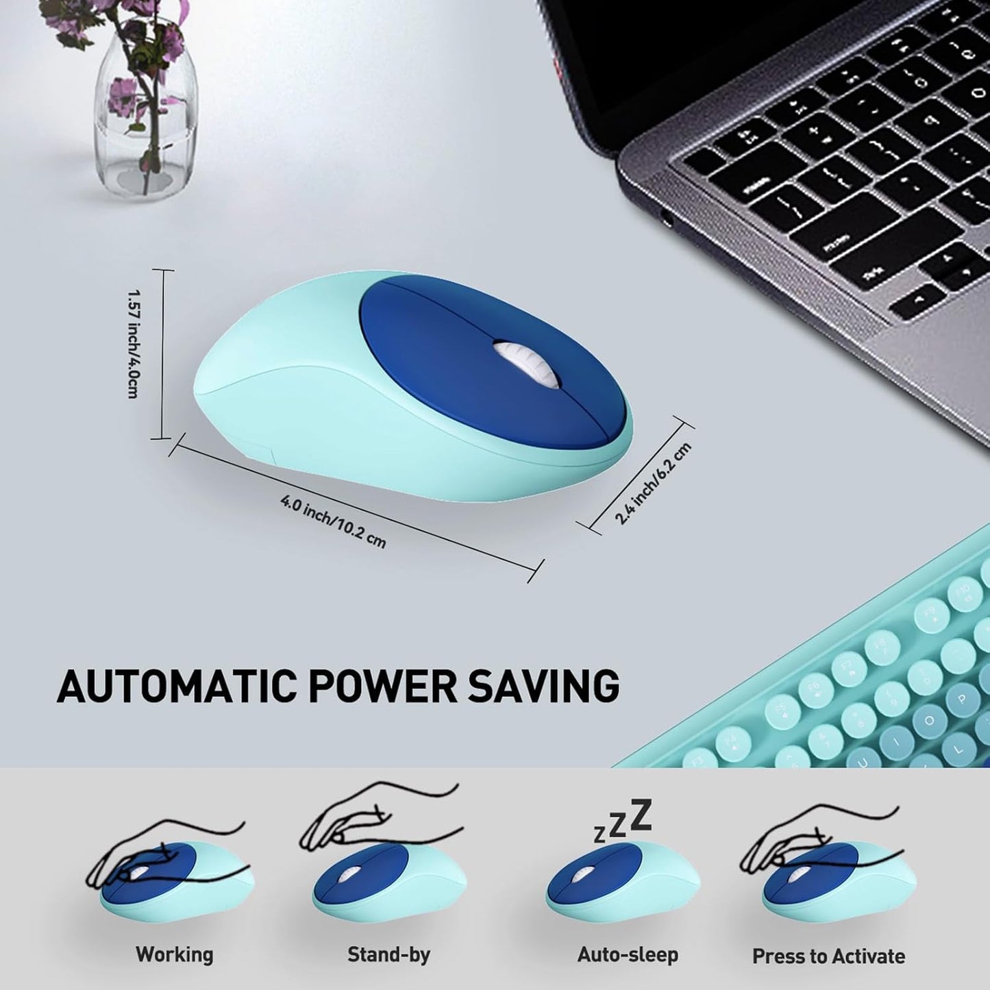 Keyboard and Mouse Wireless,2.4Ghz Retro Typewriter Style Round Keycap,Full Size Wireless Keyboard Mouse Combo,Cute Cordless Keyboard Mouse Set for PC Laptop Desktop Computer-Blue Black Colorful