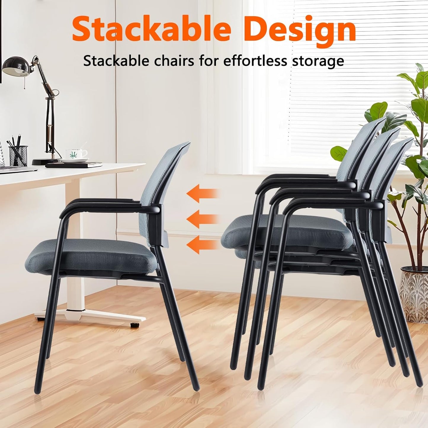 CLATINA Grey Stacking Chairs Stackable Waiting Room Chairs with Armrest, Mesh Office Reception Guest Chair for Home Desk Conference Lobby Church Medical Meeting Training Ergonomic, Set of 8