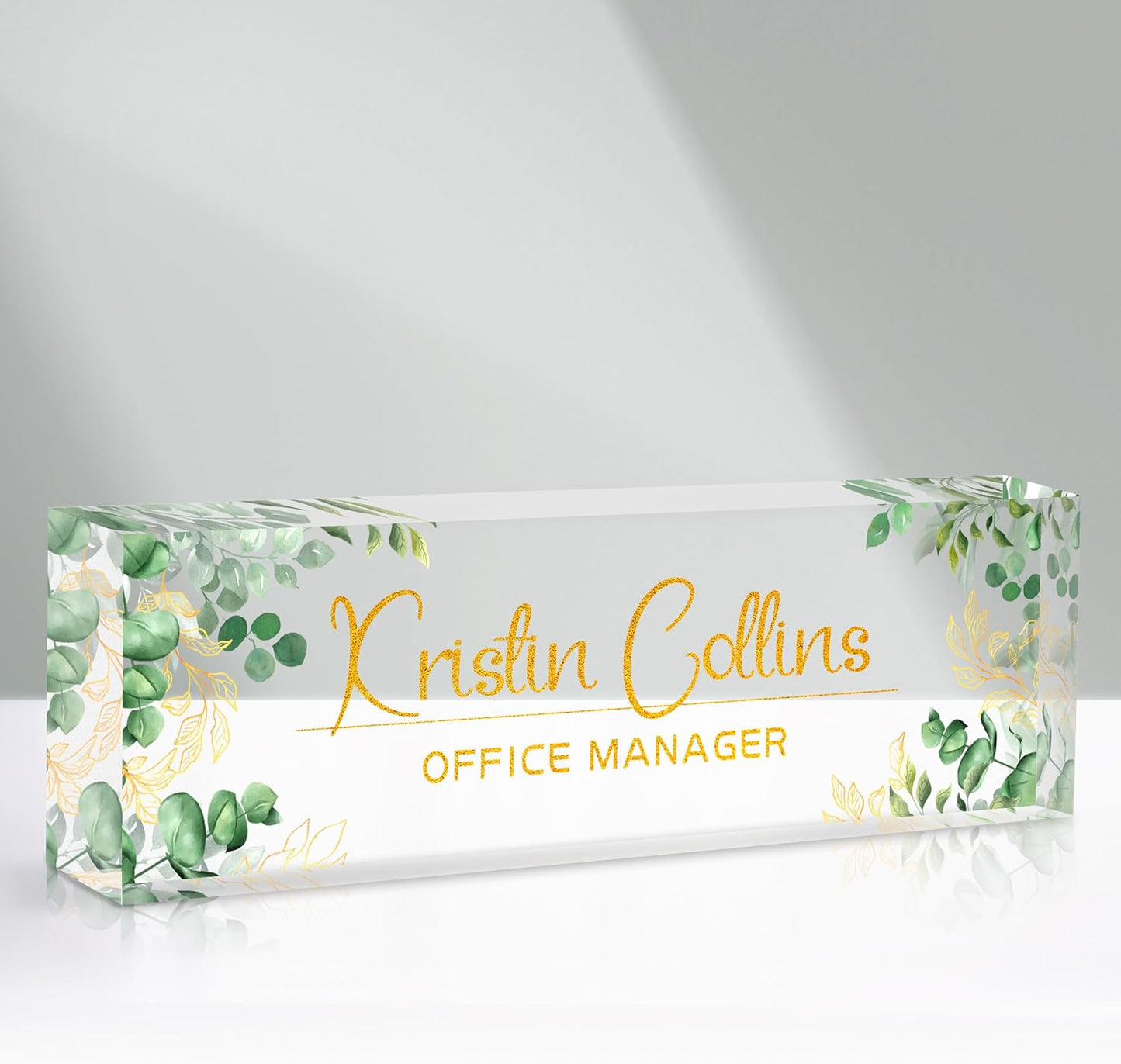 Custom Name Plate for Desk, Acrylic Office Decor For Women Men, Personalized Office Desk Accessories, Teacher Employee Appreciation Gifts For Social Worker Boss Coworkers (Green Leaves)