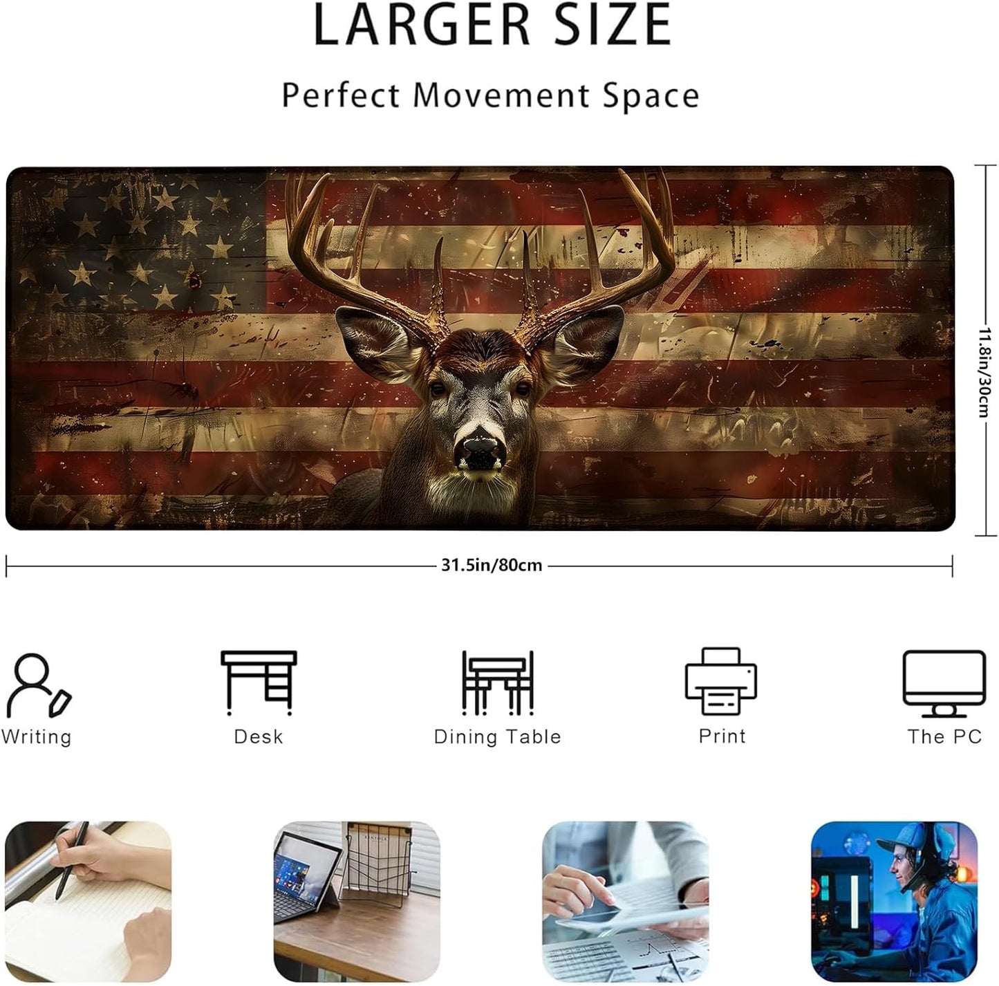 American Deer Gaming Mouse Pad Gifts 31.5" x 11.8", Non-Slip Rubber Base MousePads for Computers Laptop School Office Home Accessories Decor, Mouse Pad, Keyboard Desk Mat