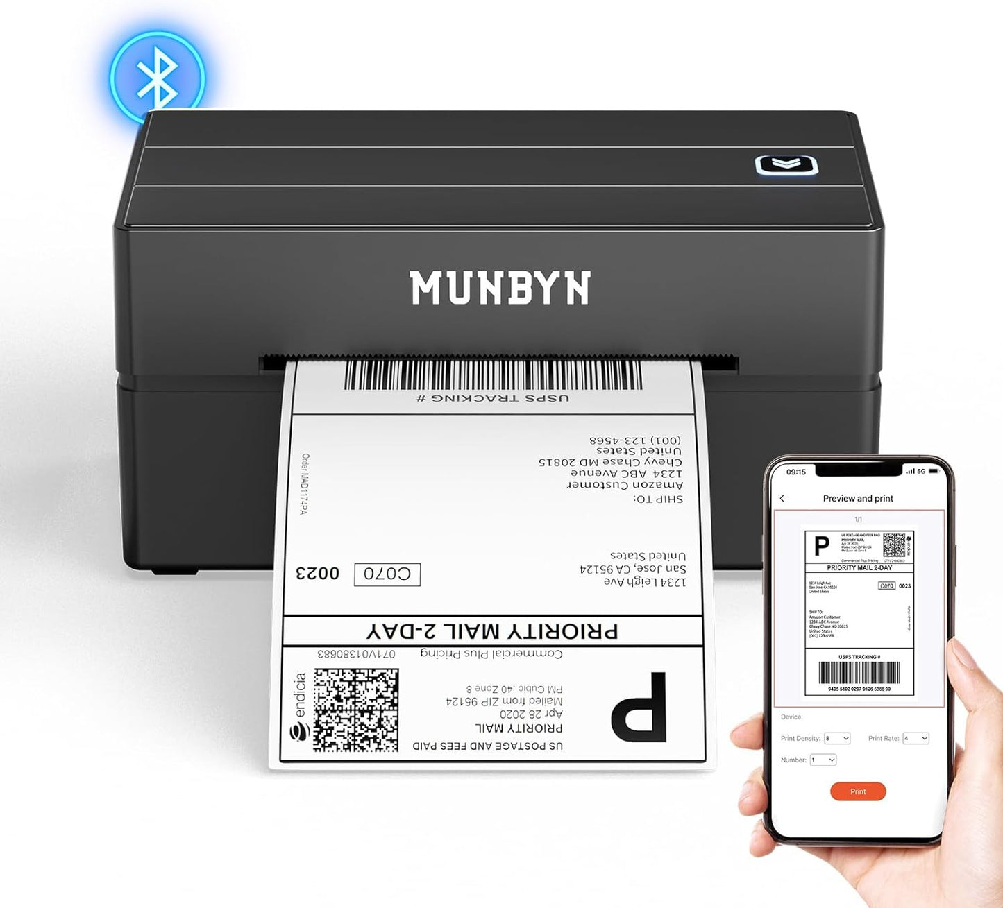 MUNBYN Bluetooth Thermal Label Printer, 130B Wireless 4x6 Shipping Label Printer for Shipping Packages Small Business Office or Home, Compatible with iPhone Android iPad Windows macOS Chrome Etsy eBay