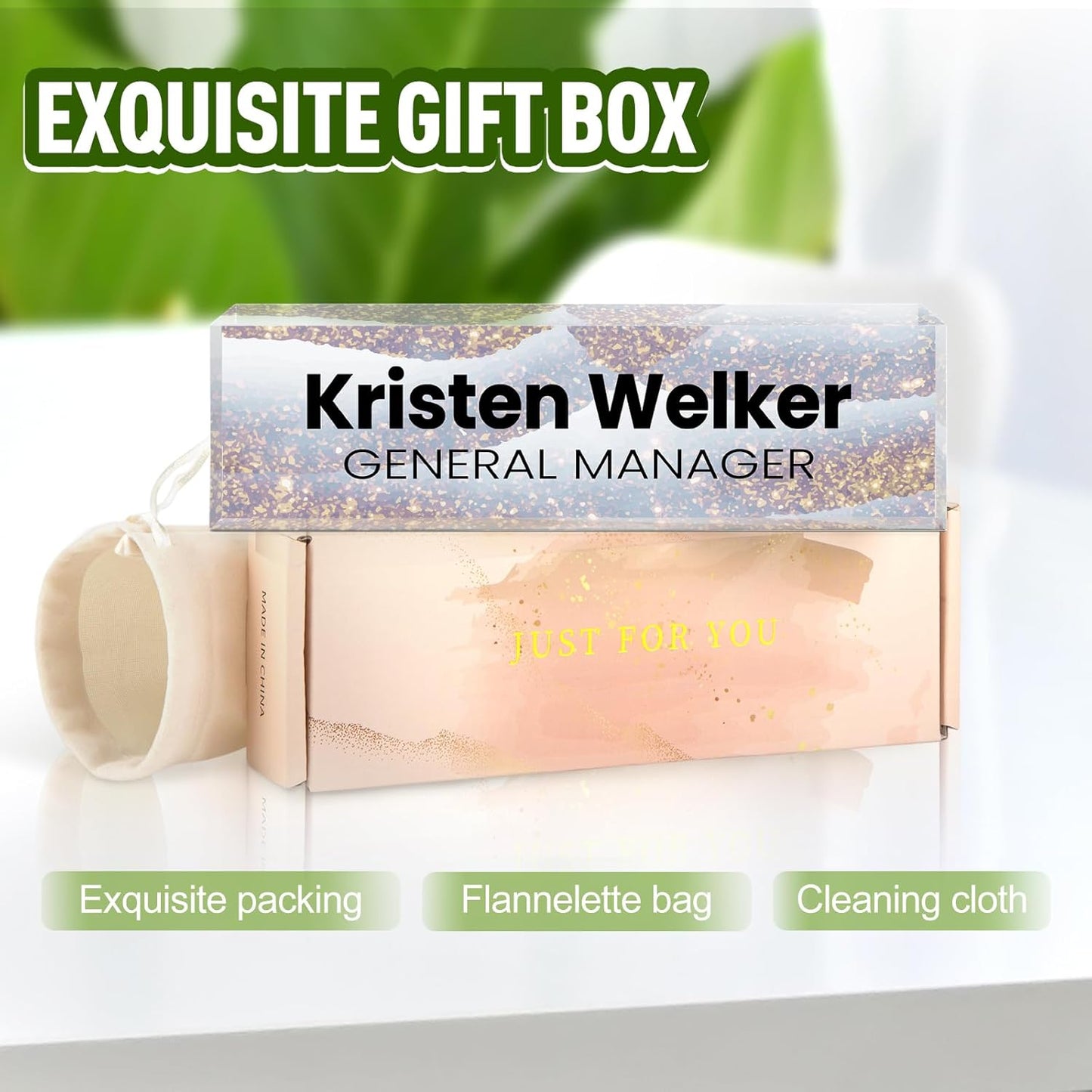 Gowellly Desk Name Plate Personalized - Custom Acrylic Name Plate for Desk - Enterprise Custom Logo/Text nameplates - Employee Appreciation Gifts (Sequins-1)