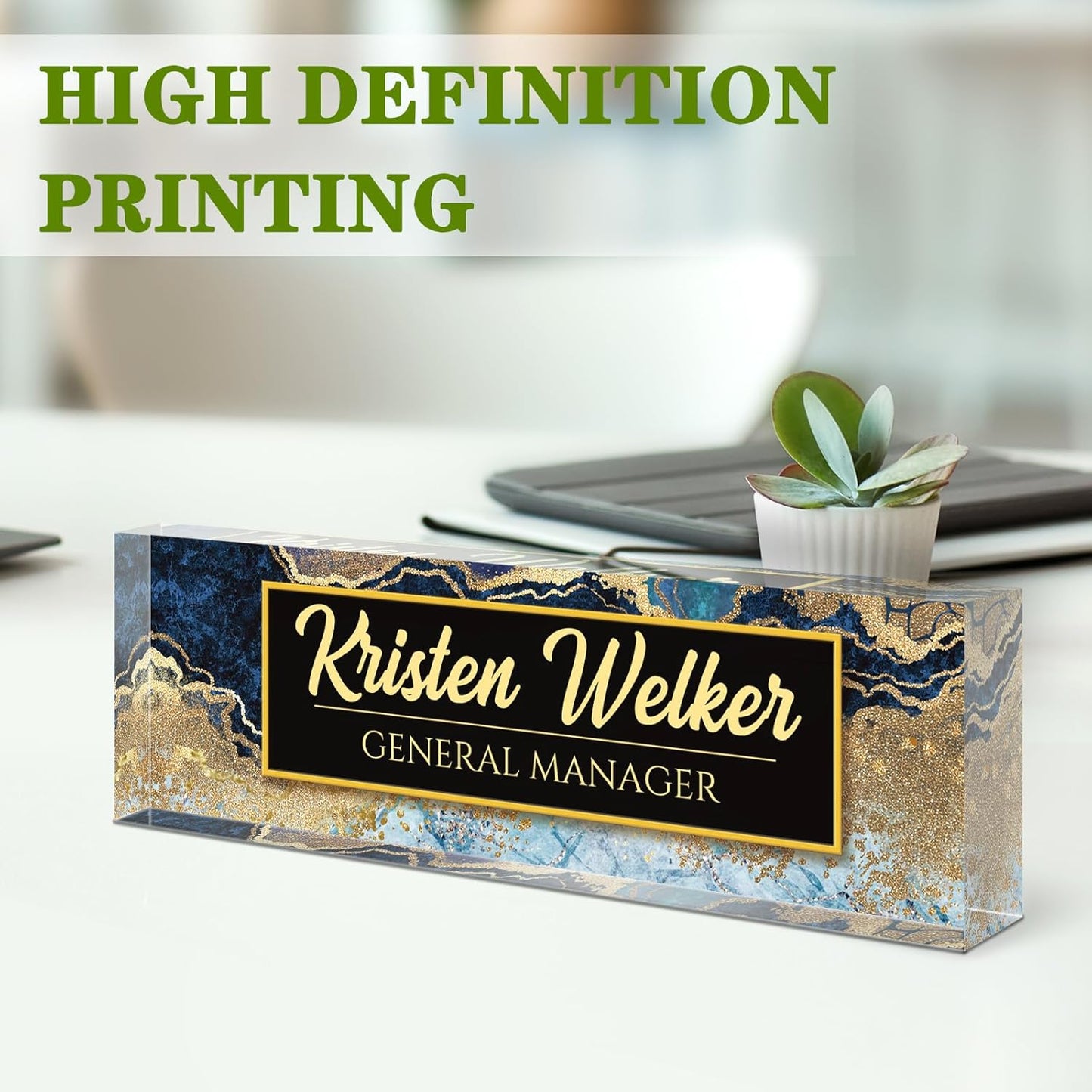 Name Plate for Desk, Desk Name Plate Personalized, Office Decor for Women Men, Acrylic Desktop Accessories, Office Appreciation Gifts for Boss Social Workers Nurse Teacher Employee (Blue/Gold)