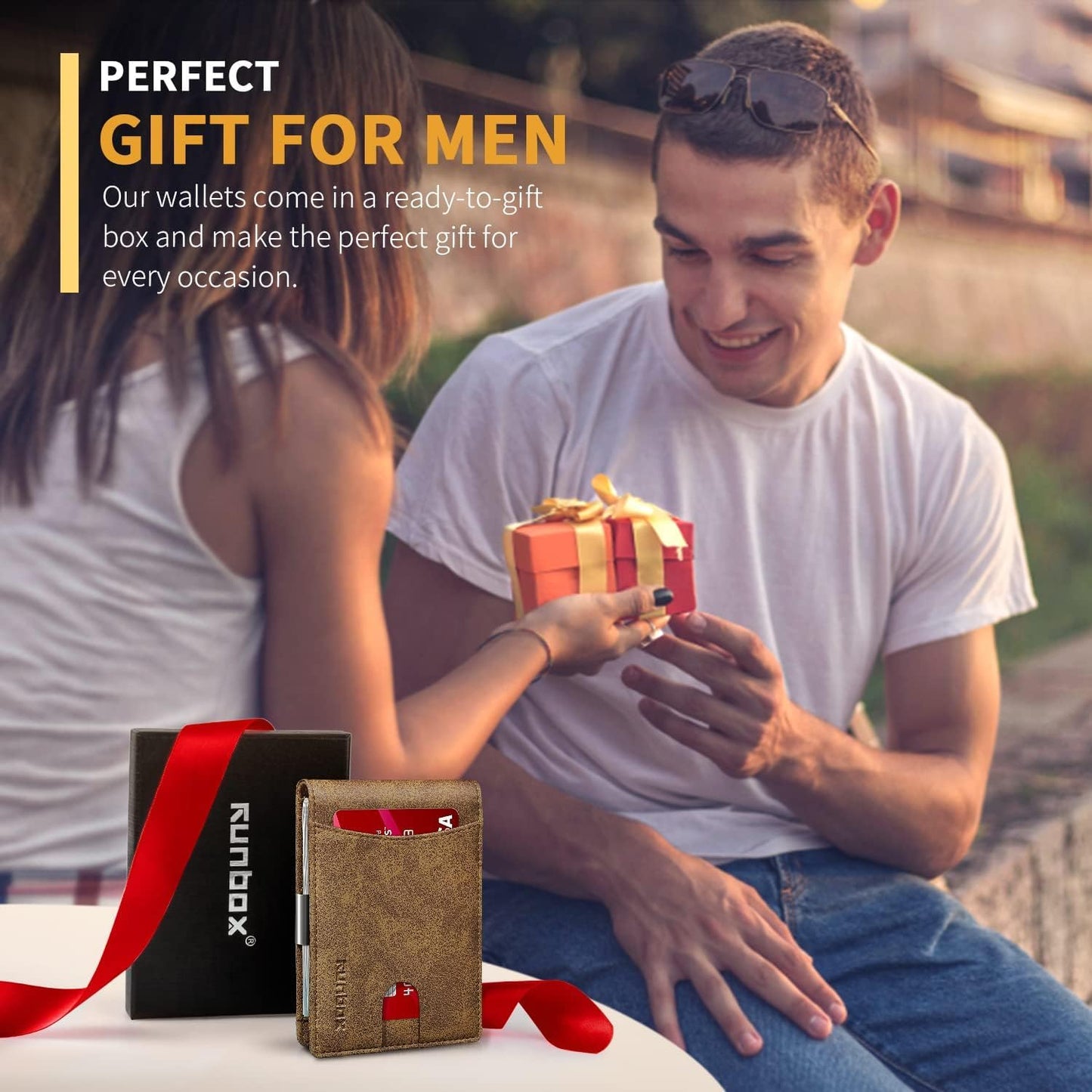 RUNBOX Money Clip Slim Wallets for Men RFID Blocking 11 Card Holder Minimalist Small Leather Bifold Men's Front Pocket Wallet Gift Box