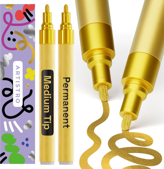 ARTISTRO 2 Gold Permanent Marker - Waterproof Markers for Tire, Fabric, Rocks, Glass, Ceramic, Wood, Paper - Oil Based Paint Pens - Medium Tip 3mm
