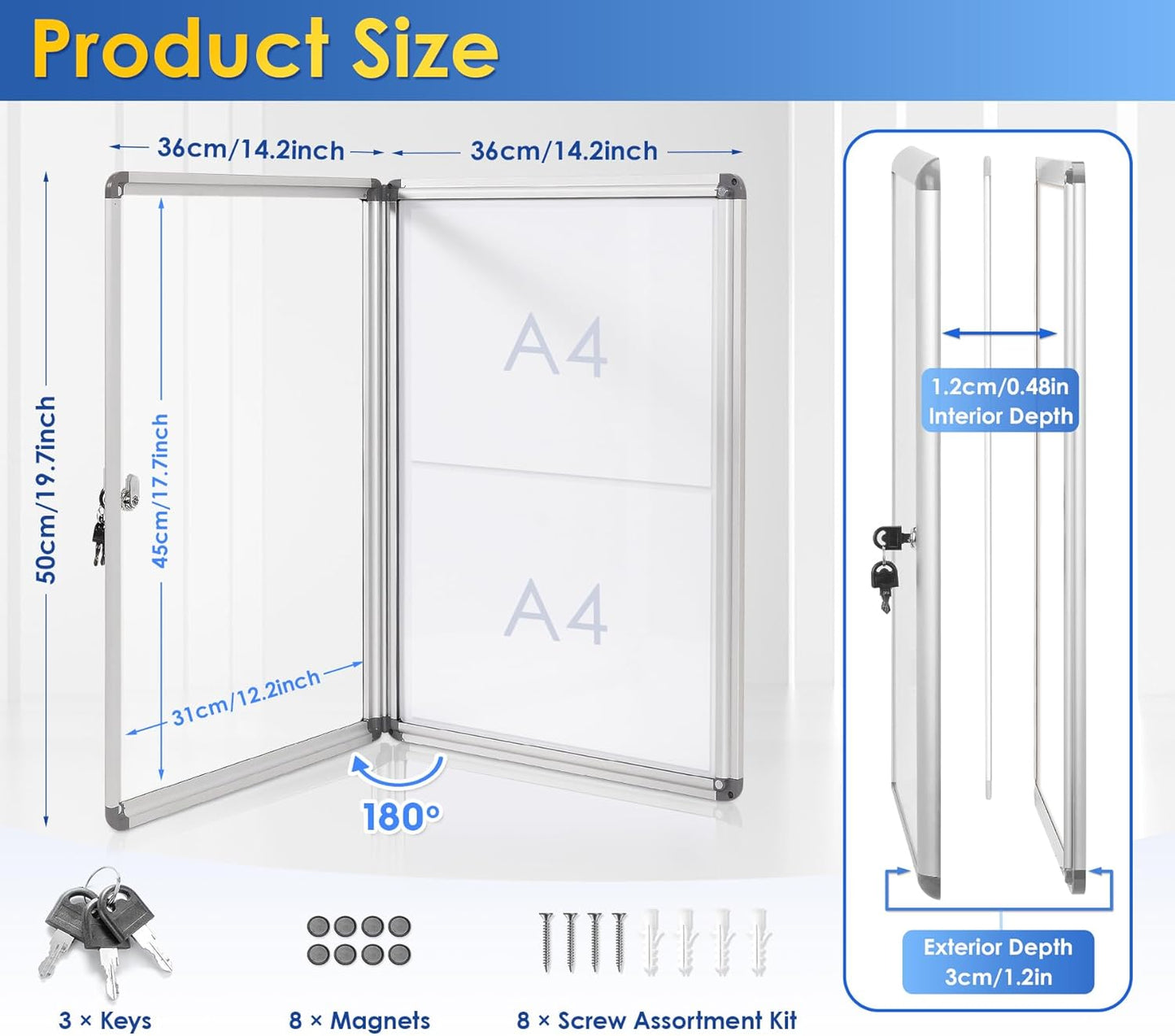 SWANCROWN Enclosed Bulletin Board Dry Erase Noticeboard Lockable Display Boards White with Aluminium Frame 20x14inch(2xA4)