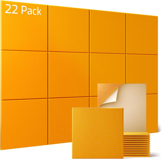Sonicism 22 Pack Acoustic Wall Panels with Self-Adhesive, 12" X 12" X 0.4" Sound Proof Foam Panels, Decorative Soundproof Wall Panels, Sound Proof Absorbing Tiles for Home & Offices, Orange Yellow