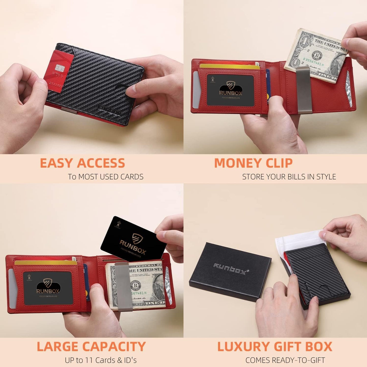 RUNBOX Slim Wallets for Men - Leather Money Clip Mens Wallet - RFID Blocking Front Pocket Bifold Wallet - Thin Credit Card Holder with Gift Box
