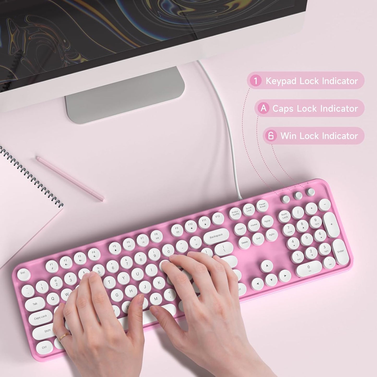 Computer Keyboard Wired, Plug Play USB Keyboard with Large Number Pad, Caps Indicators, Foldable Stands, Full Size Keyboard for Windows PC Laptop (Pink White)