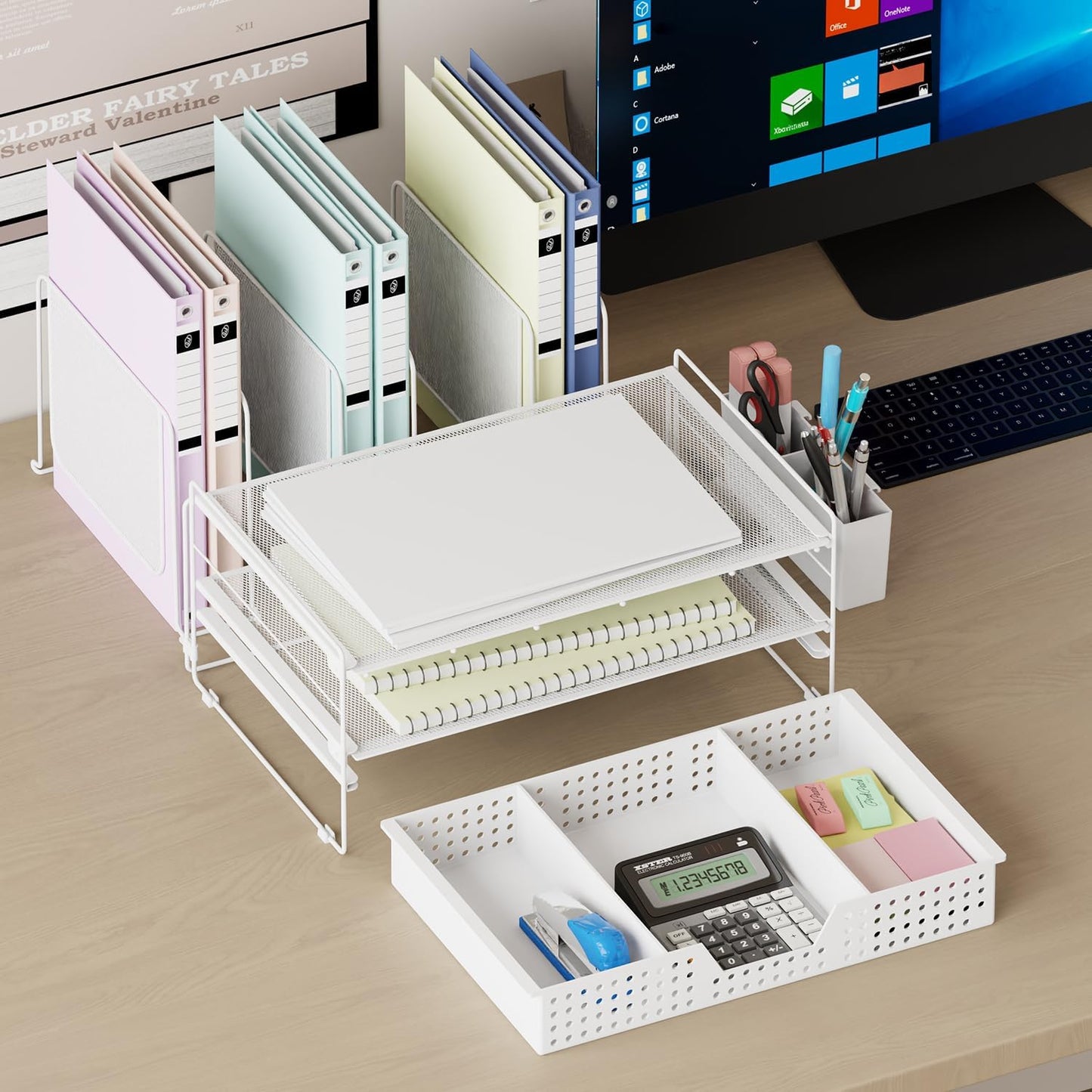 Desk Organizer, Office Organization with Vertical File Holder, File Organizer with Drawer and Pen Holder, Desk Accessories and Workspace Organizers for Home Office (White)