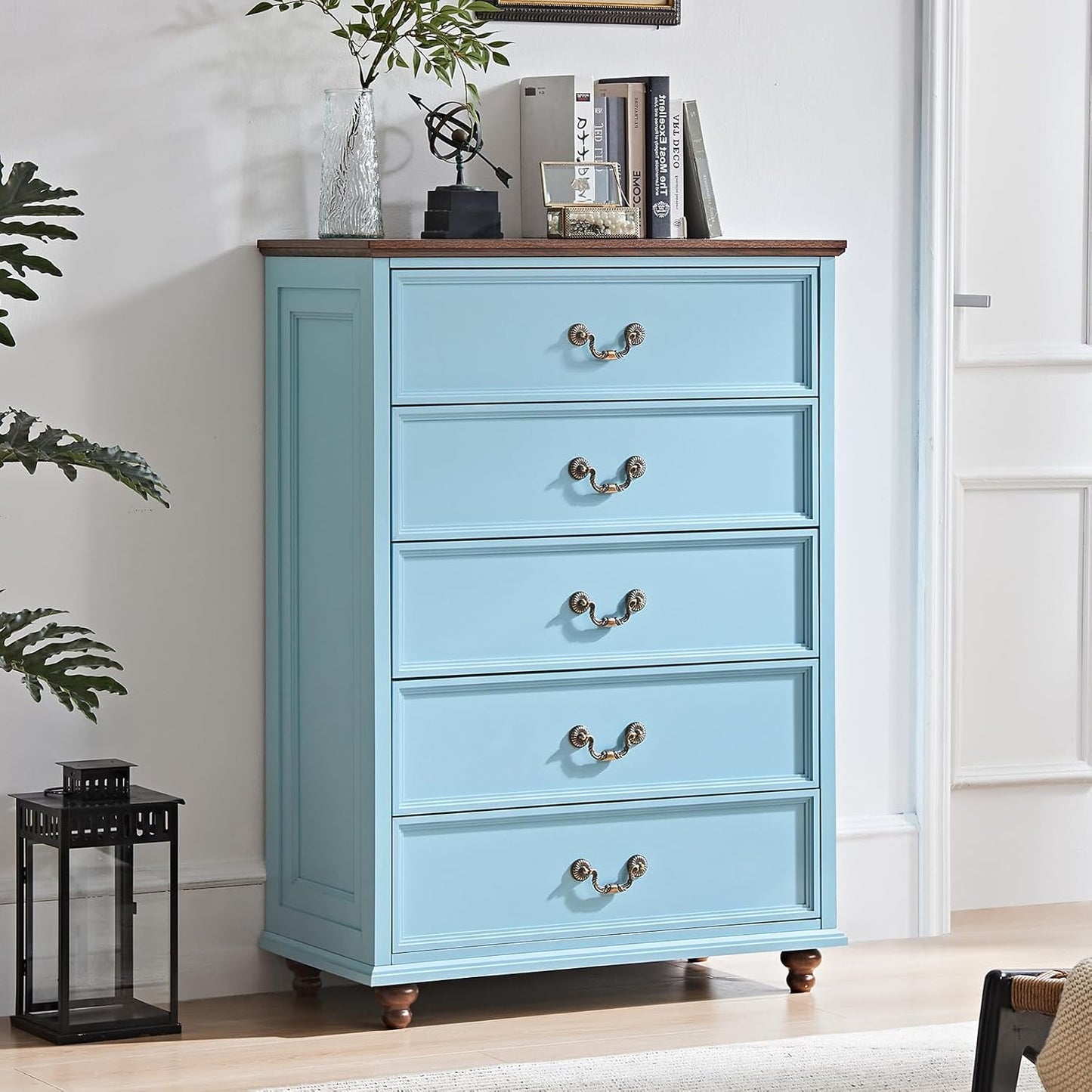 Farmhouse 5 Drawer Dresser for Bedroom, 45" Tall Rustic Chests of Drawers w/ 4 Solid Wood Feet, Mid Century Modern Wooden Closet Storage Dressers Organizer for Living Room, Hallway, Light Blue