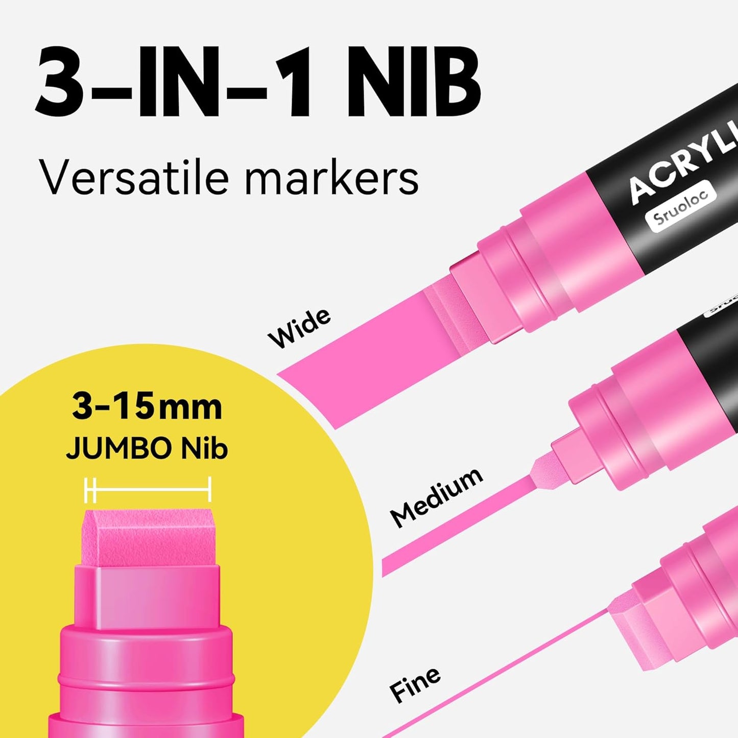 3 Jumbo Permanent Markers Pink, 15mm Thick Wide Tip, Large Acrylic Paint Markers for Rock Painting, Poster, Graffiti, Stone, Ceramic, Glass, Wood, Canvas