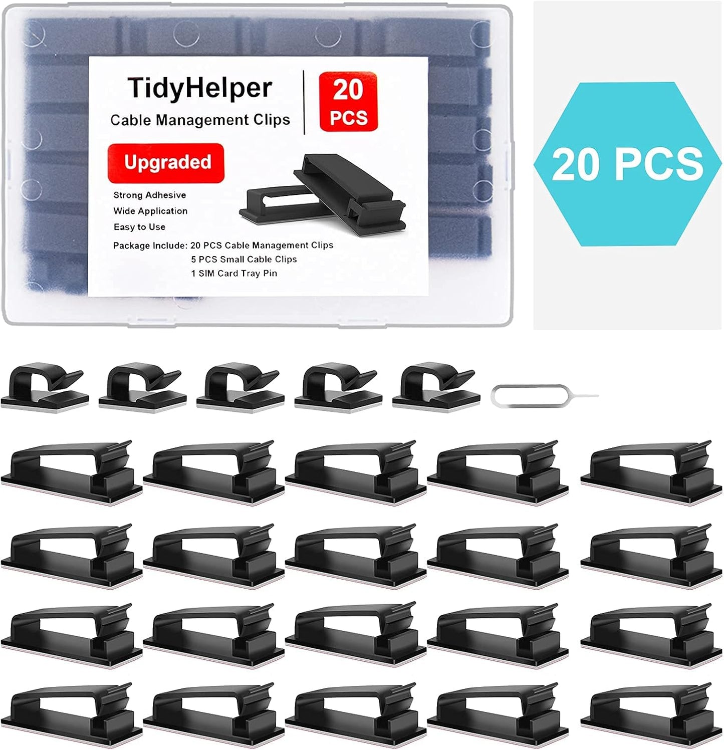 Cable Management Clips, Large Cord Clips for Under Desk Wire Management, Adhesive Organizer Multiple Cord (Computer/PC, Network, TV, Ethernet) Black 20 PCS