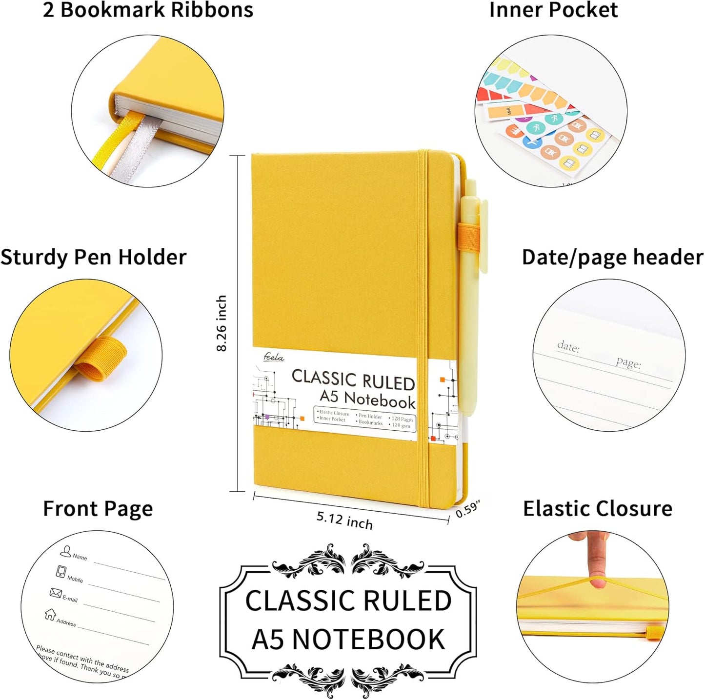 feela 5 Pack Journal Notebook Bulk for School, Hardcover Business Notebooks Classic Ruled Lined Journals with Pen Holder for Work Note Taking, with 5 Black Pens, 120 GSM, 5.1”x8.3”, A5, Yellow