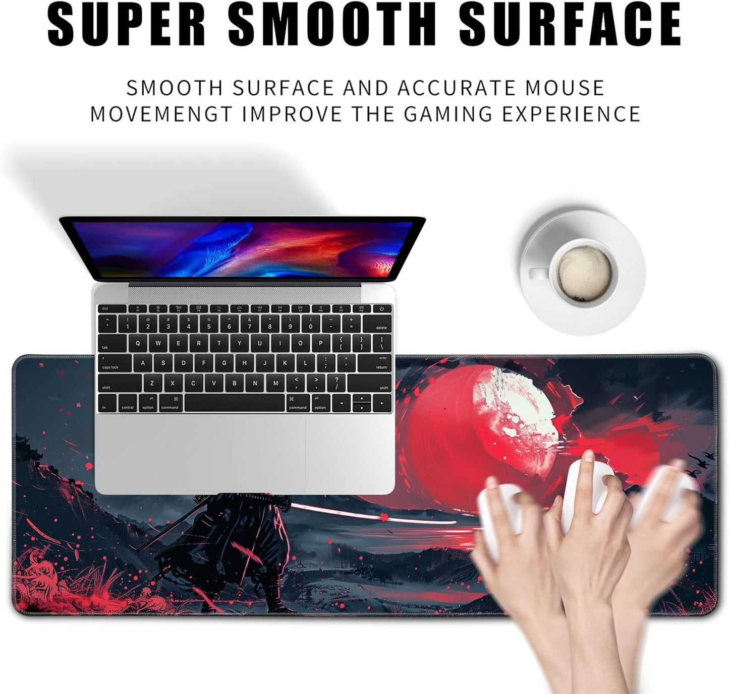 Black Desk Mat Japanese Samurai Mouse Pad XL Red Anime Big Mousepad Gaming Large Mouse Pad for Men Desk Pad with Stitched Edges Non-Slip Large Computer Mat, 31.5x11.8 in