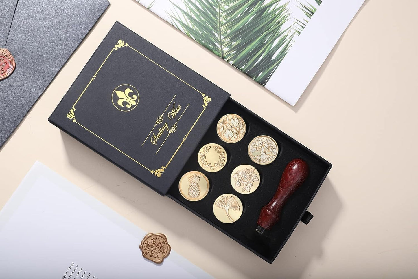 Wax Seal Stamp Hot Stamping Gift Box Set, 6 Pcs Sealing Wax Stamps Copper Seals 1 Wooden Hilt, Wax Stamp Kit for Cards Envelopes, Gift Packaging (Plant)