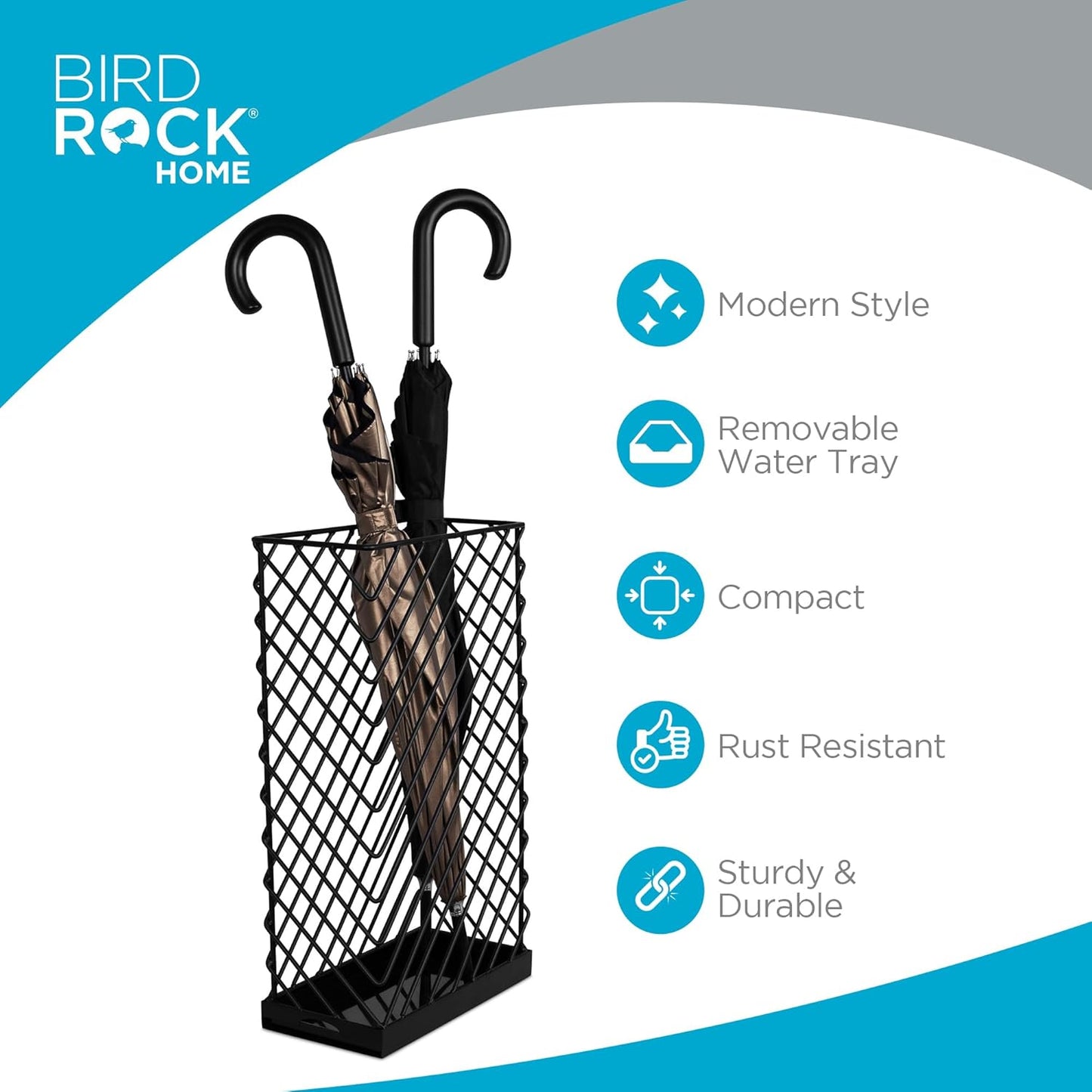 BIRDROCK HOME Decorative Umbrella Stand with Removable Water Tray - Large Metal Umbrella Rack and Cane Walking Stick Organizer for Entryway - Umbrella Holder for Indoor & Outdoor - Black, Diagonal