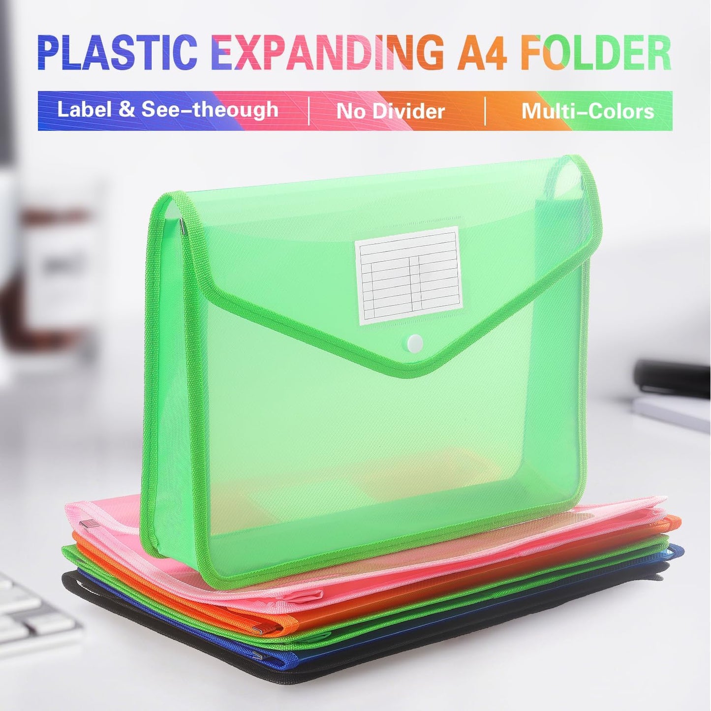 Plastic Expanding File Folder, Transparent envelopes with Snap Closure, No Dividers, Large Capacity, Fit Letter/A4 Size (Green)