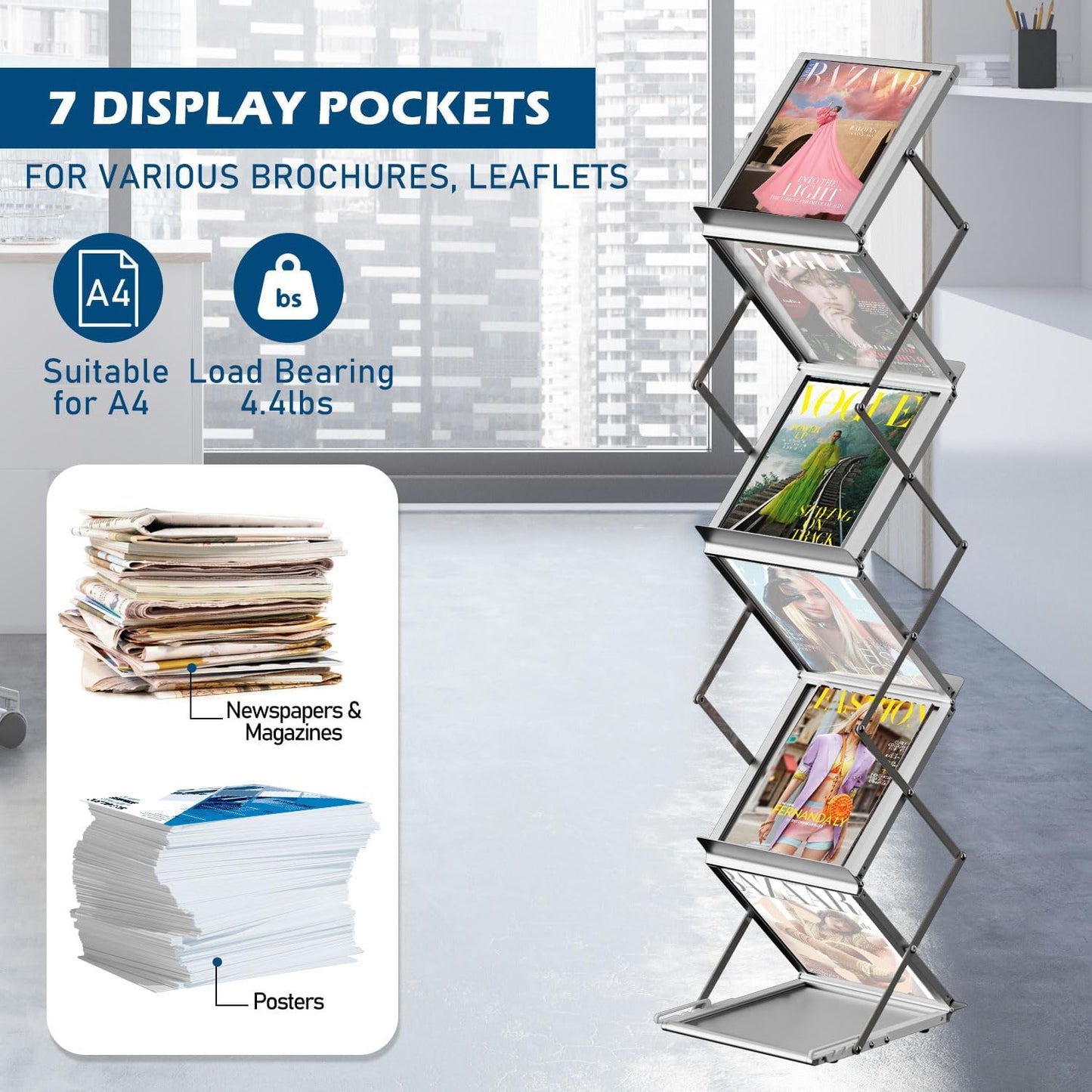 6 Pockets Foldable Aluminum Magazine Rack - Brochure Display Stand, Brochure Catalog Literature Display Stand with Carrying Bag for Exhibition, Trade Show, Office, Retail Store