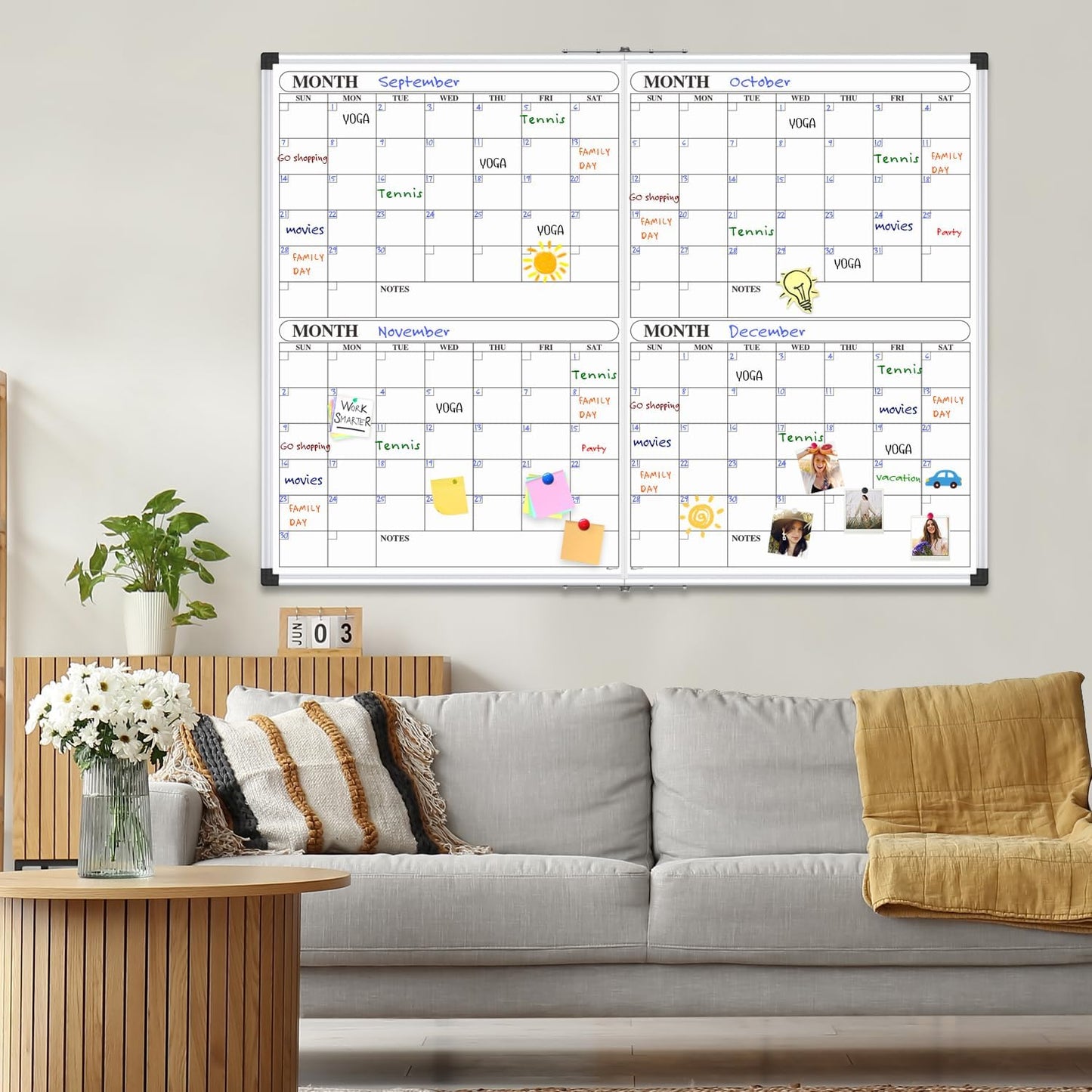 XBoard Magnetic Calendar Whiteboard 48x36 inch, 4 Month Foldable Dry Erase Board Planner, Silver Aluminium Framed White Board Calendar for Home School Office Organization