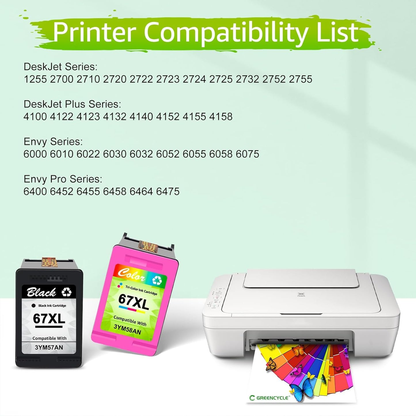 greencycle 67XL Remanufactured Ink Cartridge Compatible with HP 67 XL DeskJet 1255 2722 DeskJet Plus 4122 4123 4132 Envy 6052 6055 Envy Pro 6452 6455 Printers (Black 1 Pack, Tri-Color 1 Pack)
