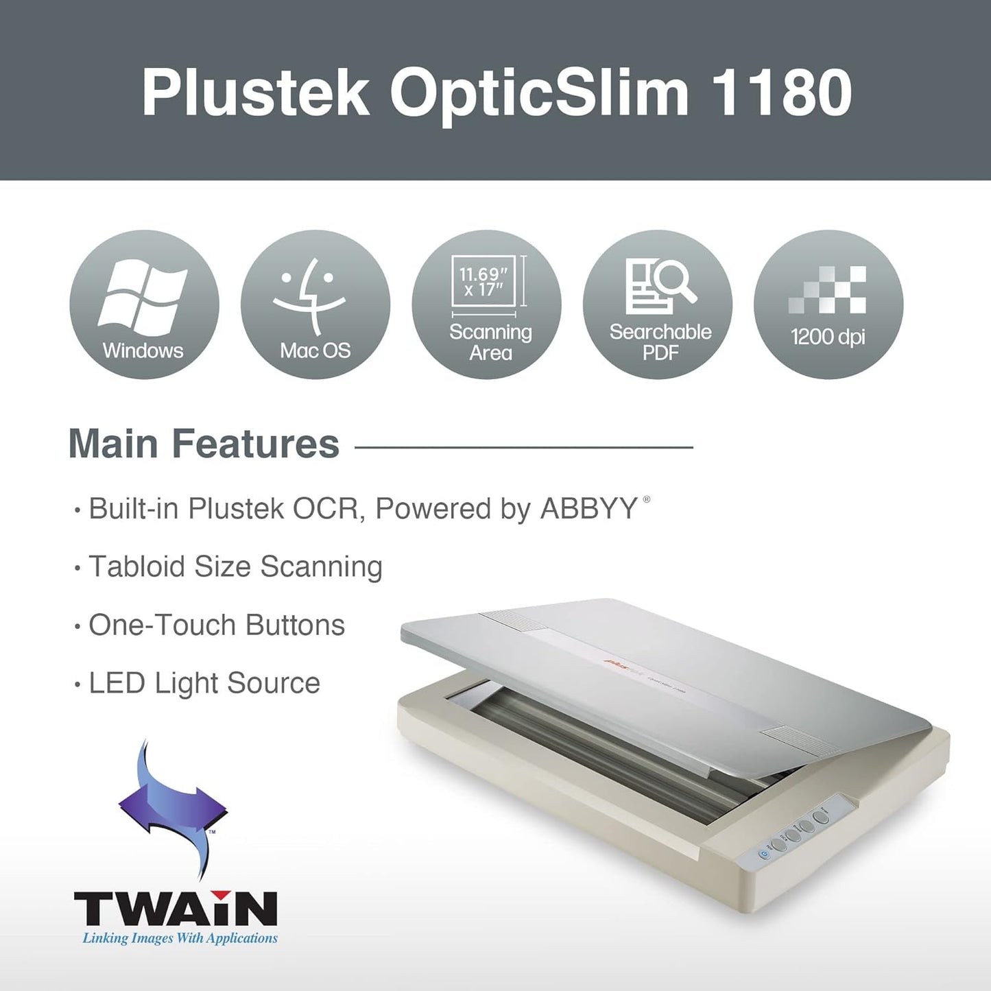 Plustek OS1180 - Flat Scanner for Graphics and Documents in A3 Format, Design Suitable for Libraries, Schools or Small Offices - Scanning A3 Documents in Approximately 9 Seconds