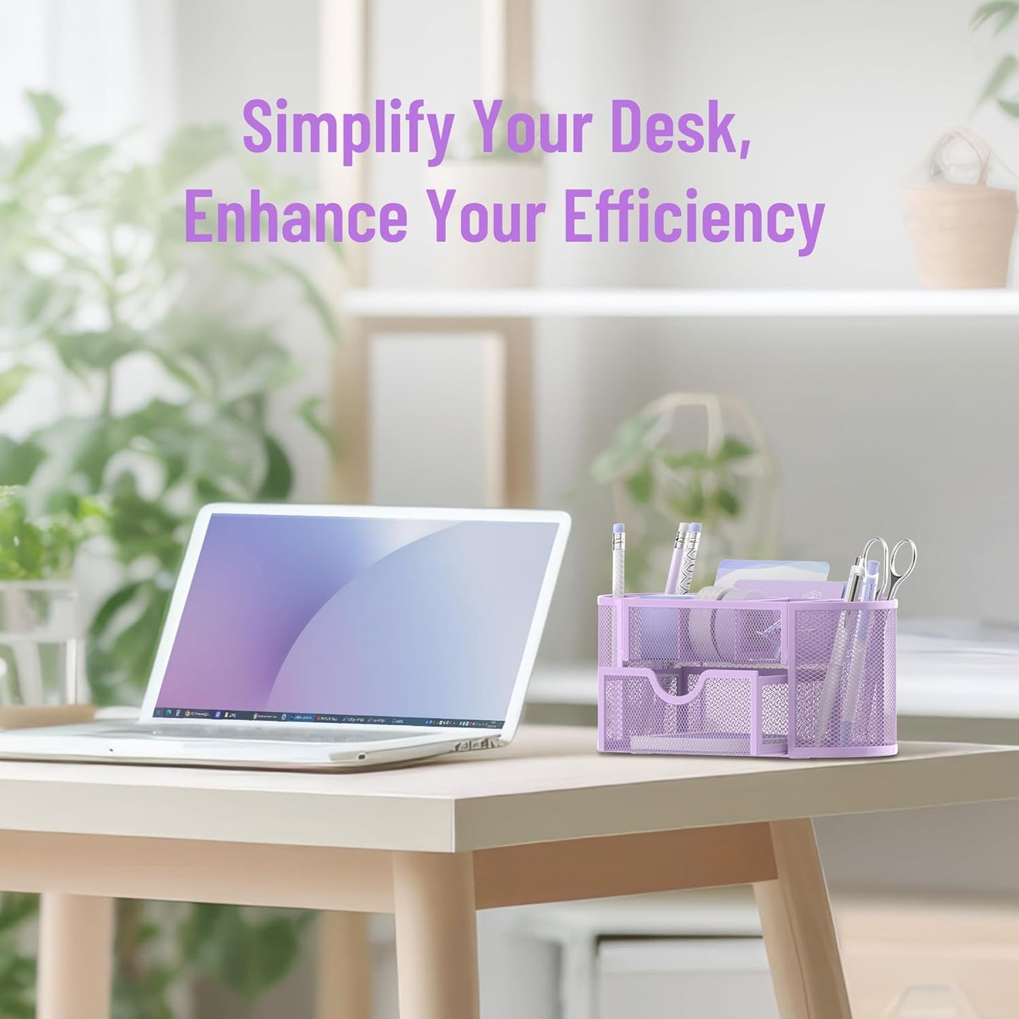 SUPEASY Mesh Desk Organizer, Desk Accessories & Workspace Organizers with Drawers, Pencil Holder for Desk with 9 Compartments for Office Suppliess, 8.6 x 4.3 x 4.1 Inch, Purple