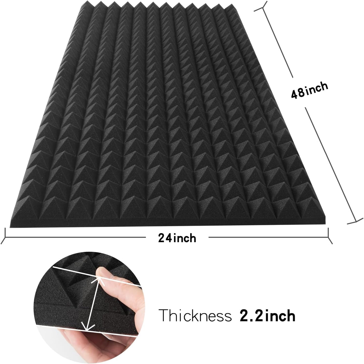2 Pack pyramid Acoustic Foam Panels, 48 x 24 x 2" Sound Absorbing Panels High Density Studio Wedge Tiles Fire Resistant Acoustic Panels for Home,Office, Recording Room, Studio (2Pack, Black)