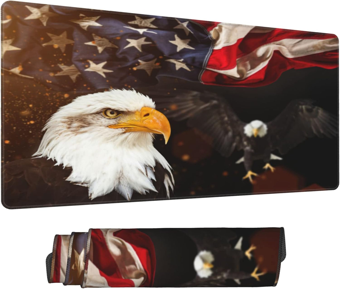 Desk Mat,American Flag Eagle Extended Gaming Mouse Pad for Office Work & Game,Computer Keyboard Mouse Mat Desk Non-Slip Rubber Base Large Mousepad with Stitched Edges, 31.5x15.7inch