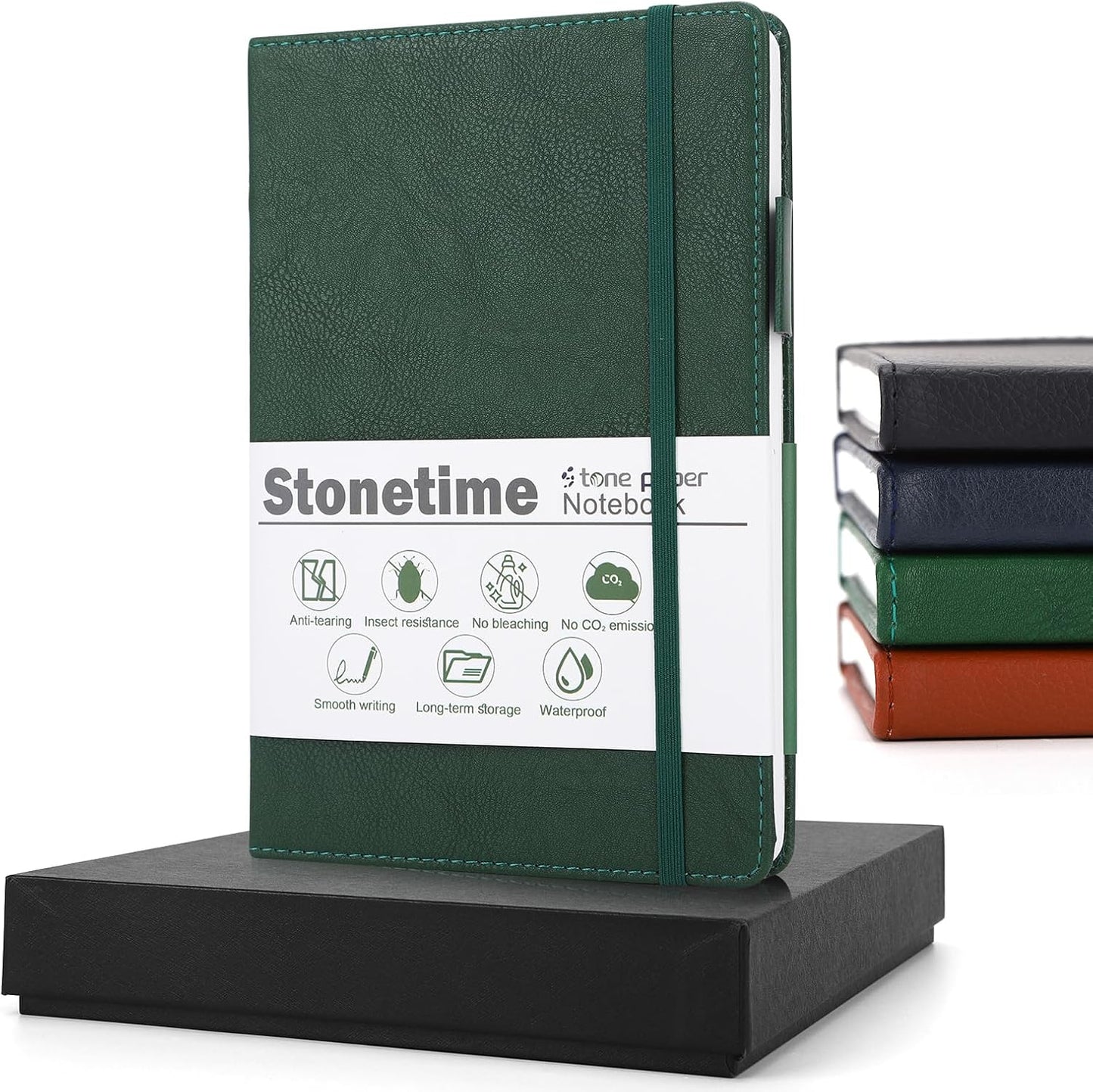 Stone Paper Notebook for Women Men, A5 Waterproof Notebook Hardcover Executive Journal, Ruled Notebooks for Writing, Business, Work ＆ School, 160 Pages Notebook with Box (A5 Green)