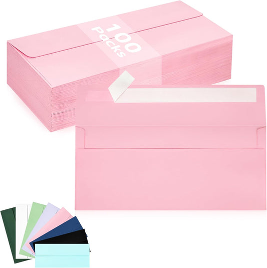 100 Pack #10 Business Envelopes, Pink Standard Envelopes Self Seal, Letter Size Business Mailing Envelopes for Checks Letters Invoices Statements Birthday Graduation Wedding, 4 1/8 x 9 1/2 Inch